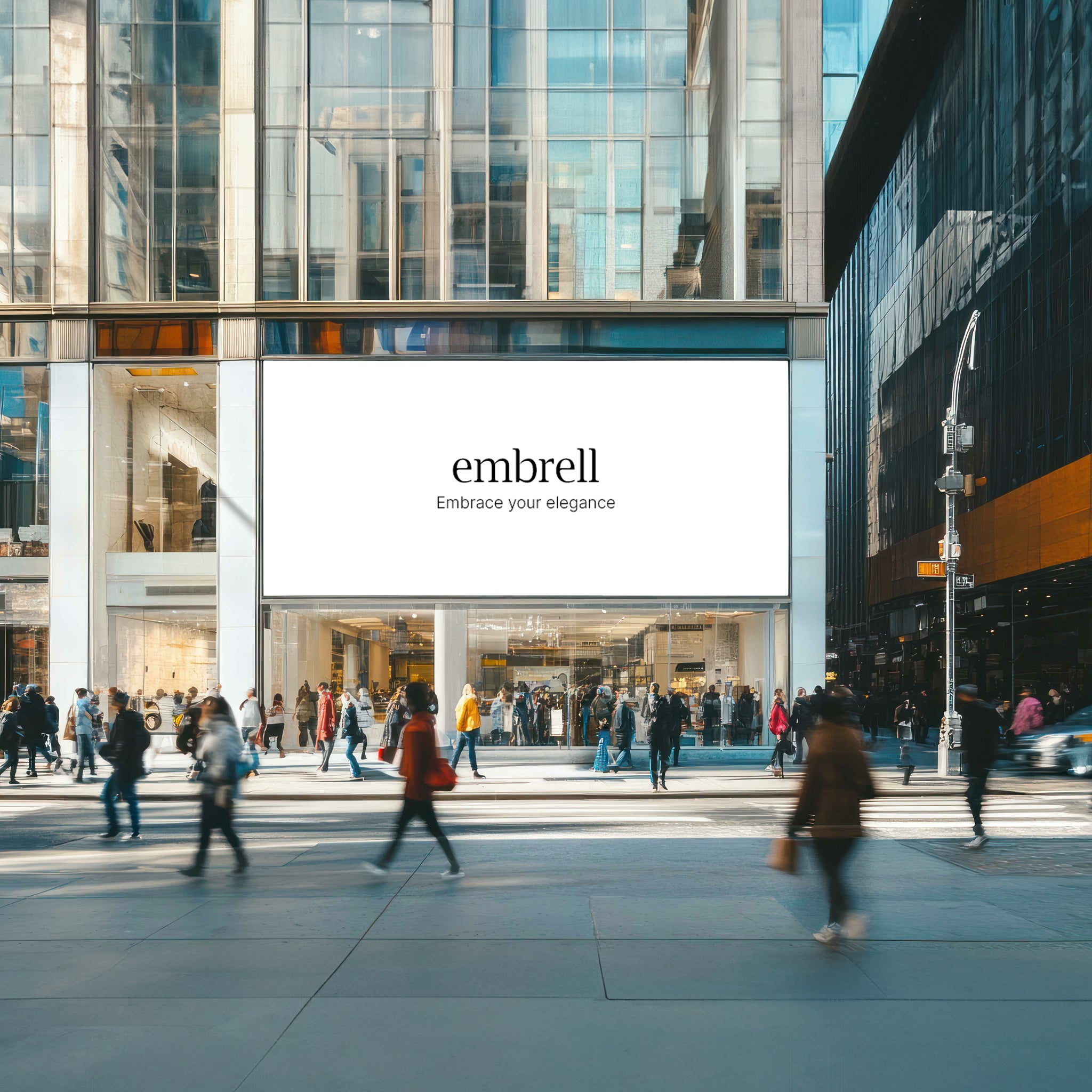 A busy city street with pedestrians walking past a modern glass building. A large white billboard on the storefront displays the "Embrell" logo with the tagline "Embrace your elegance" in black, minimalist typography. The store interior is visible through the glass, showing a well-lit and luxurious shopping space.