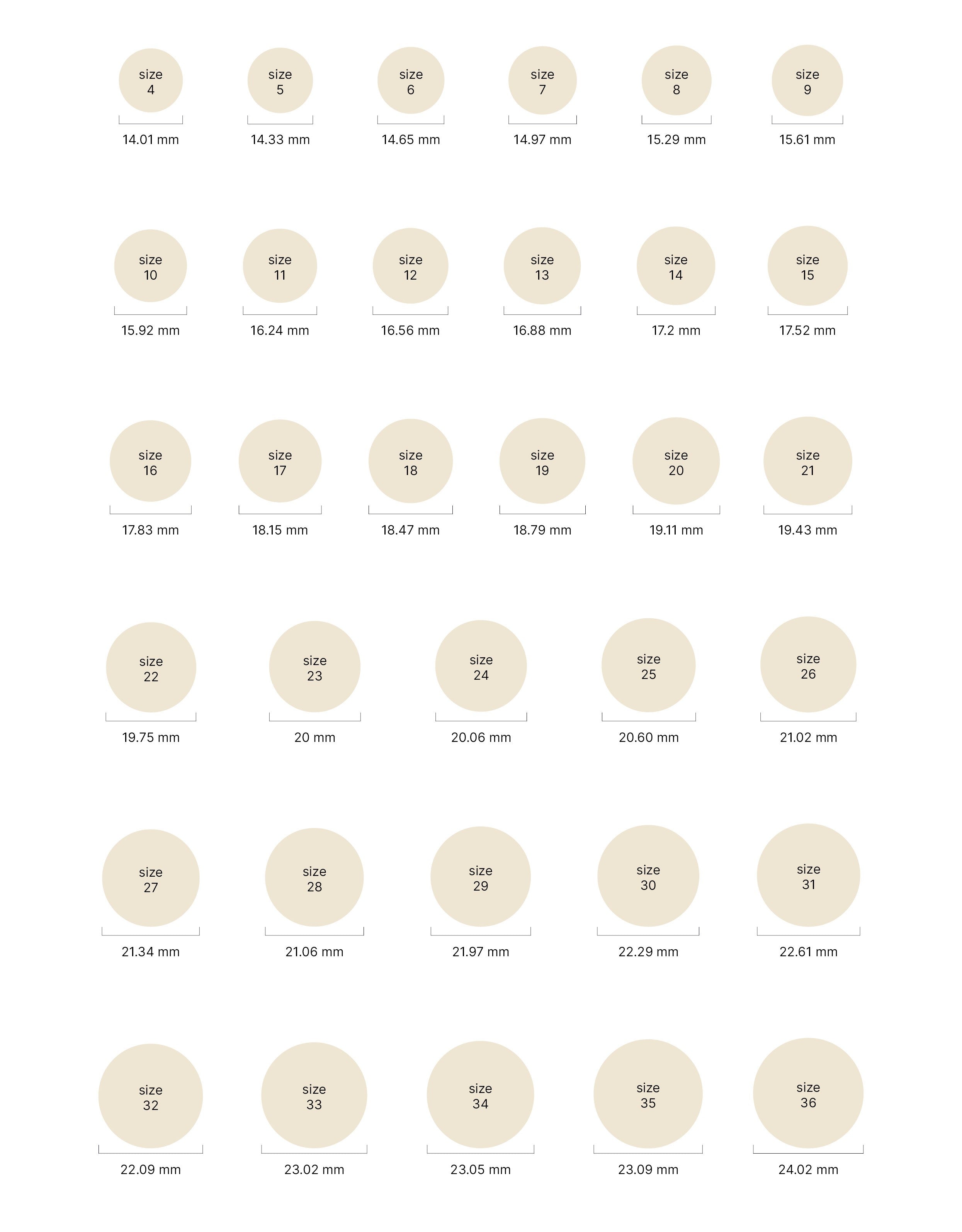 A comprehensive ring size chart showing circular measurements corresponding to different ring sizes ranging from size 4 (14.01 mm) to size 26 (21.02 mm). Each size is labeled with its diameter in millimeters, providing a visual reference for accurate ring fitting.