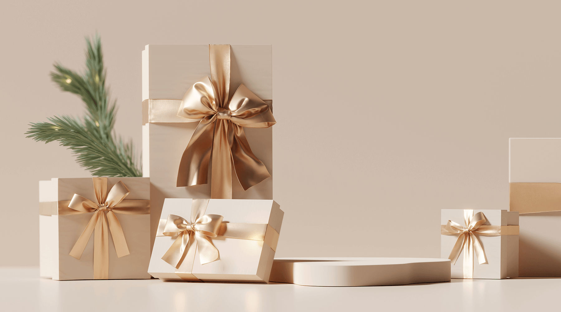 Elegant gift boxes wrapped in white and gold with satin bows, set against a neutral beige background. A festive pine branch adds a touch of greenery.