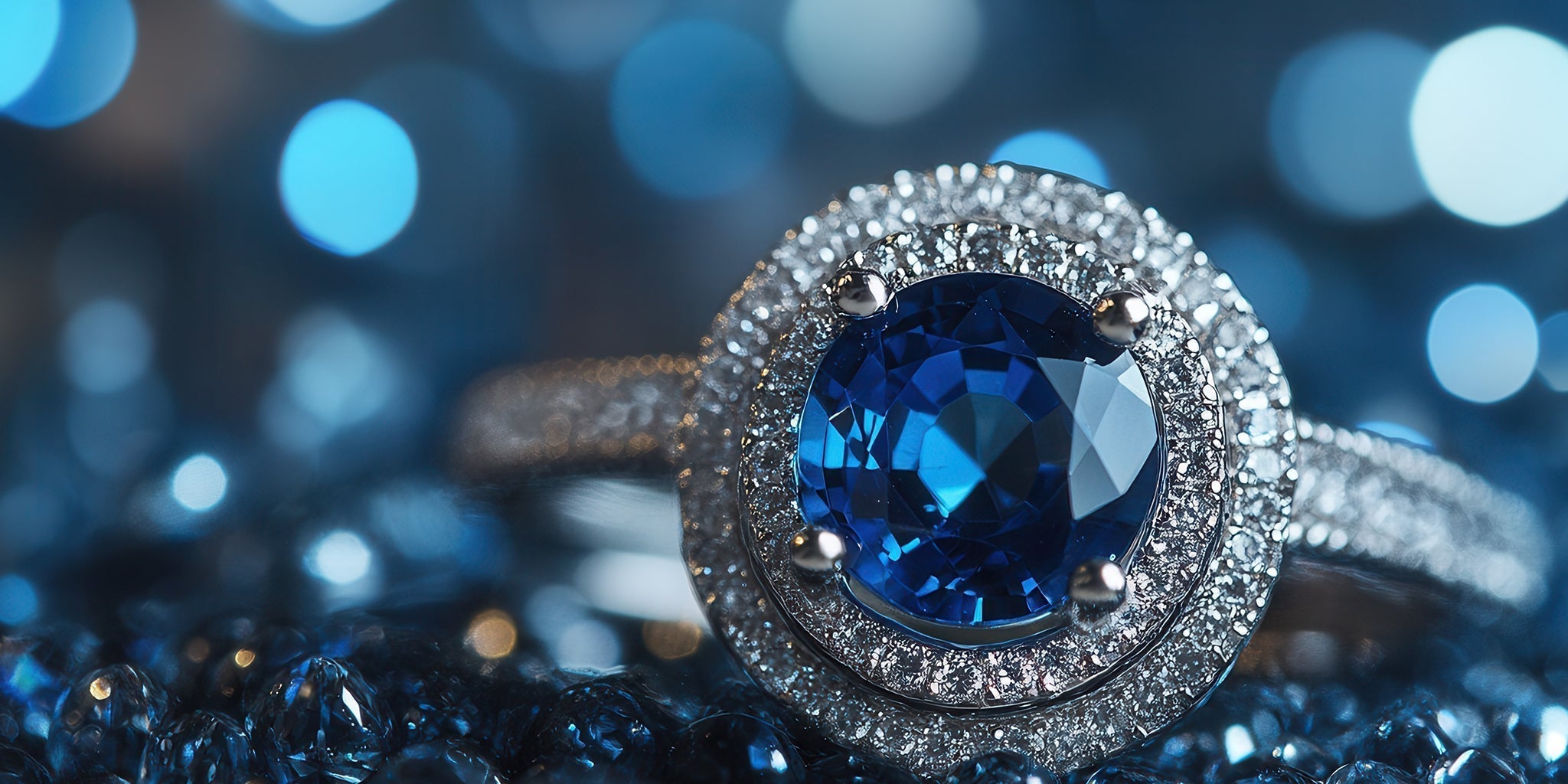 Close-up of a sapphire and diamond halo ring on a sparkling blue background, evoking elegance and royal-inspired jewelry style.