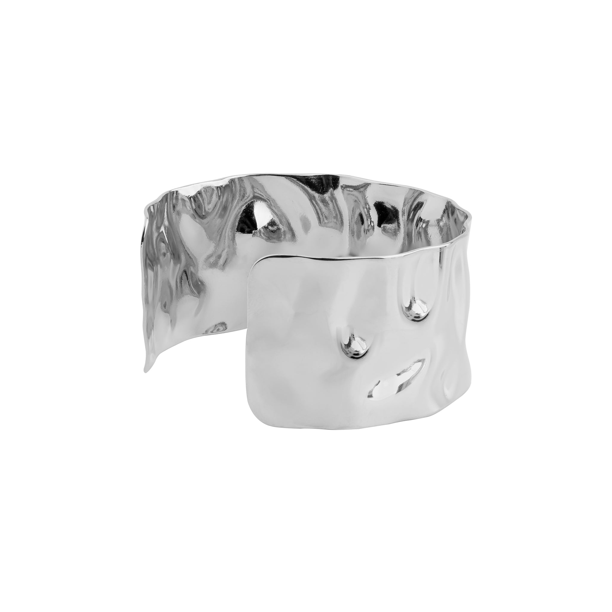 Silver plated cuff bracelet featuring a fluid, wavy design with a polished finish, perfect for making a statement.