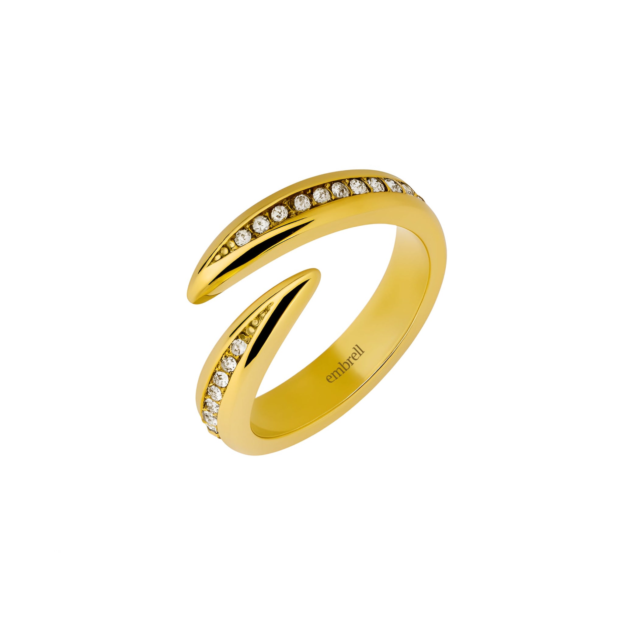 Gold ring with embedded stones on a white background
