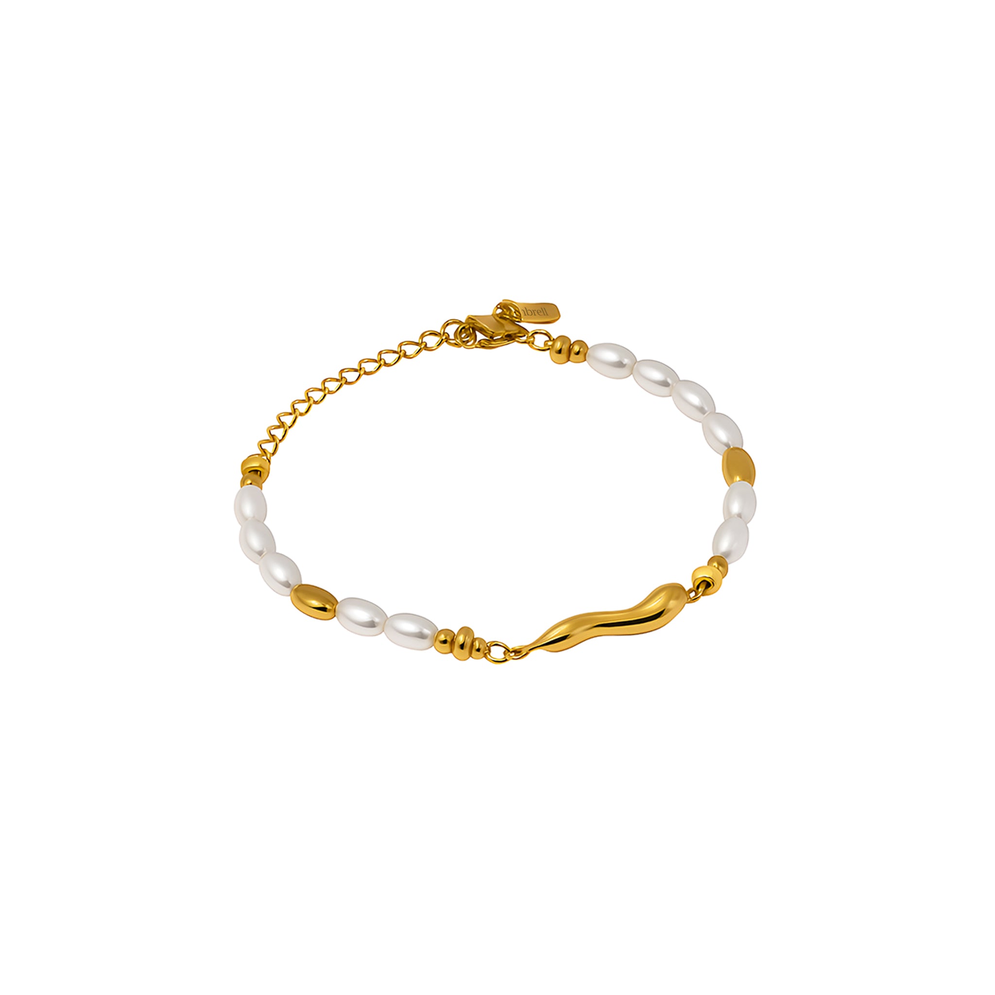 Gold and pearl bracelet on a white background