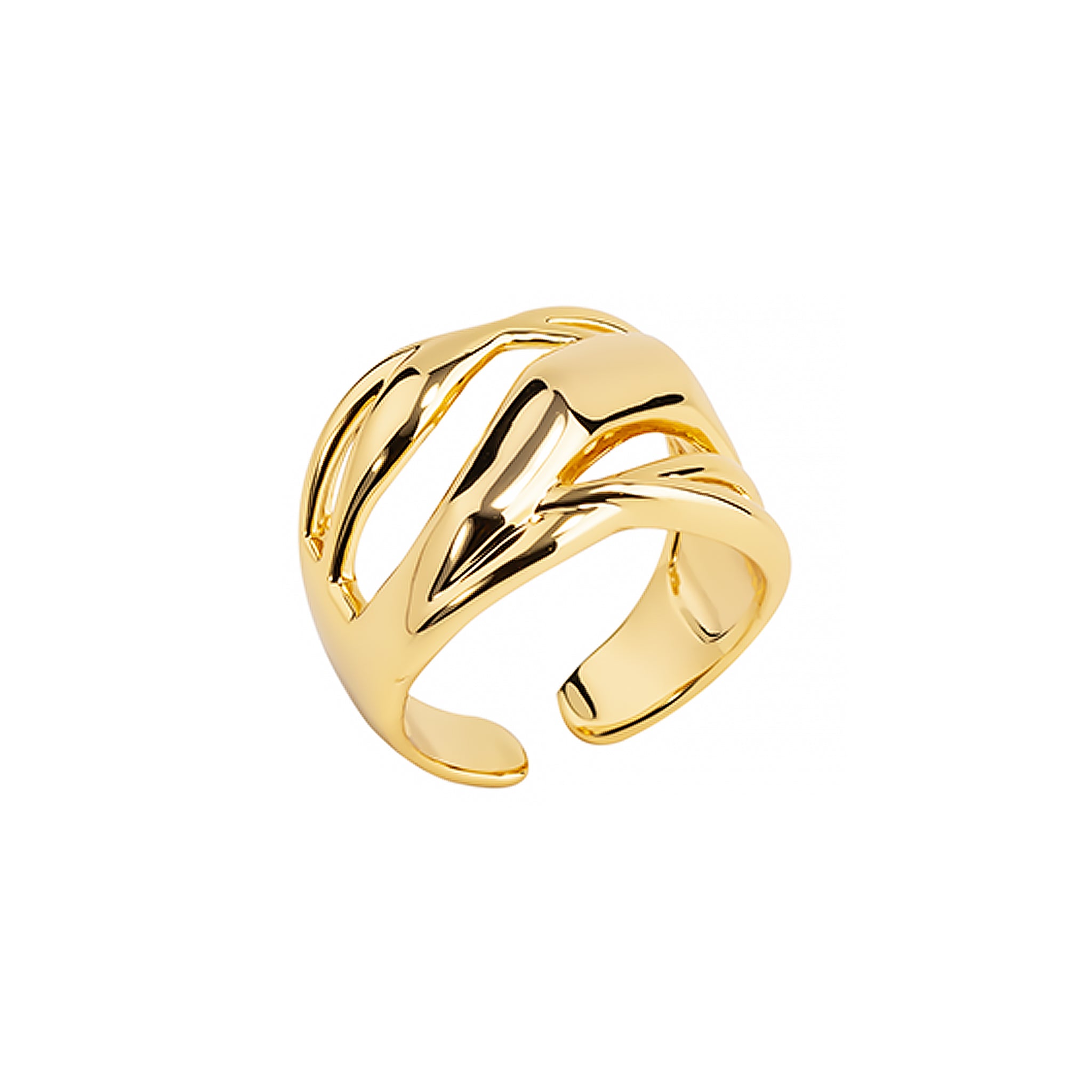 18K gold-plated open ring featuring a sleek, cutout design with flowing curves and a polished finish.