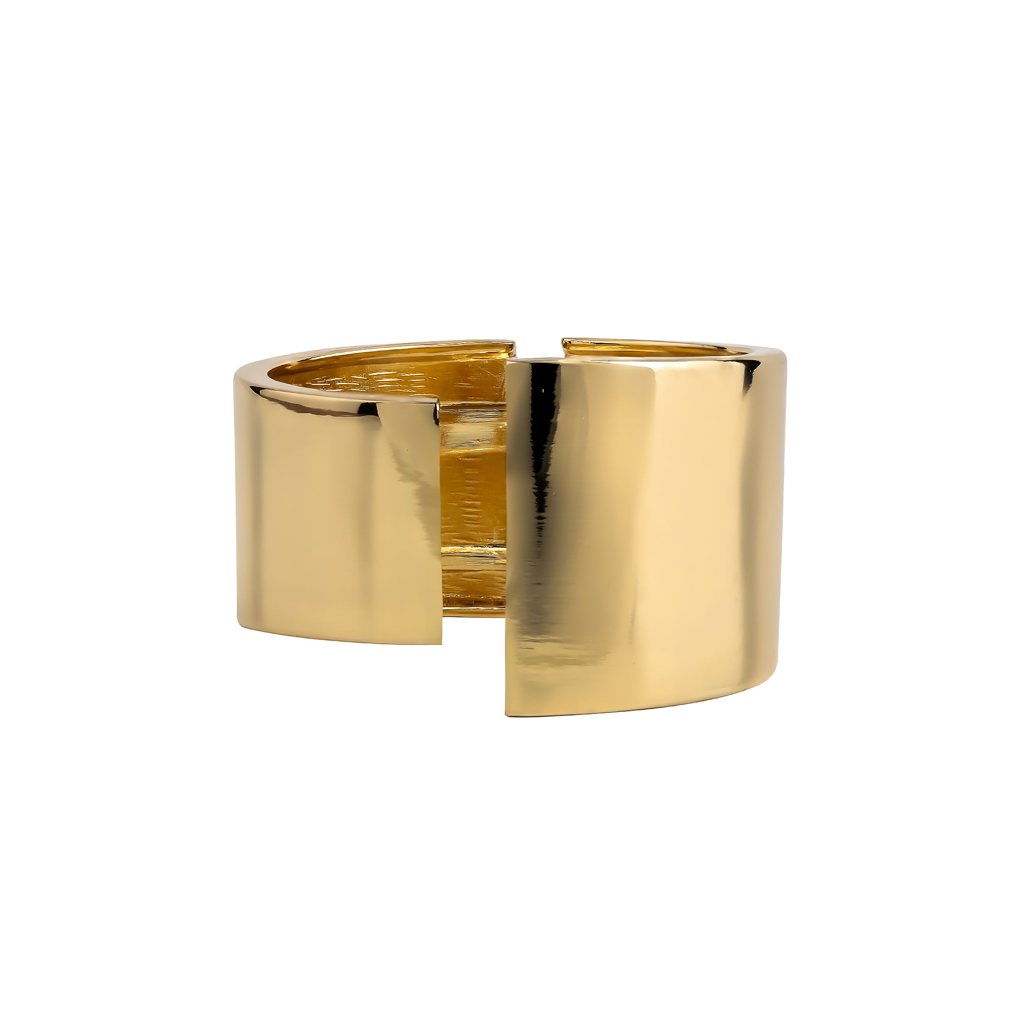 Gold-plated hinged cuff bracelet with a wide, polished band and secure clasp for a bold, contemporary statement.