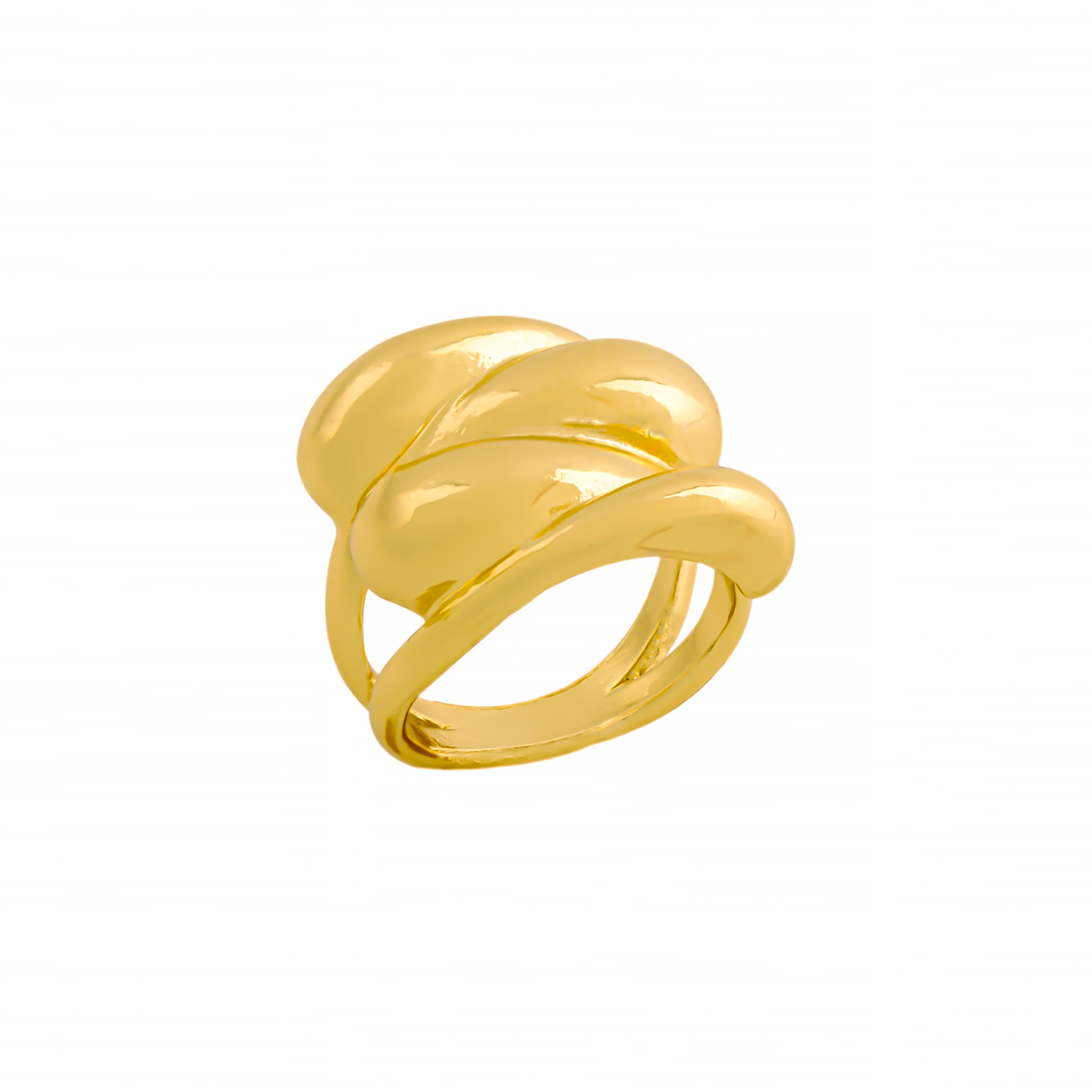 Gold-plated statement ring featuring layered, flowing curves and a polished finish for bold elegance.