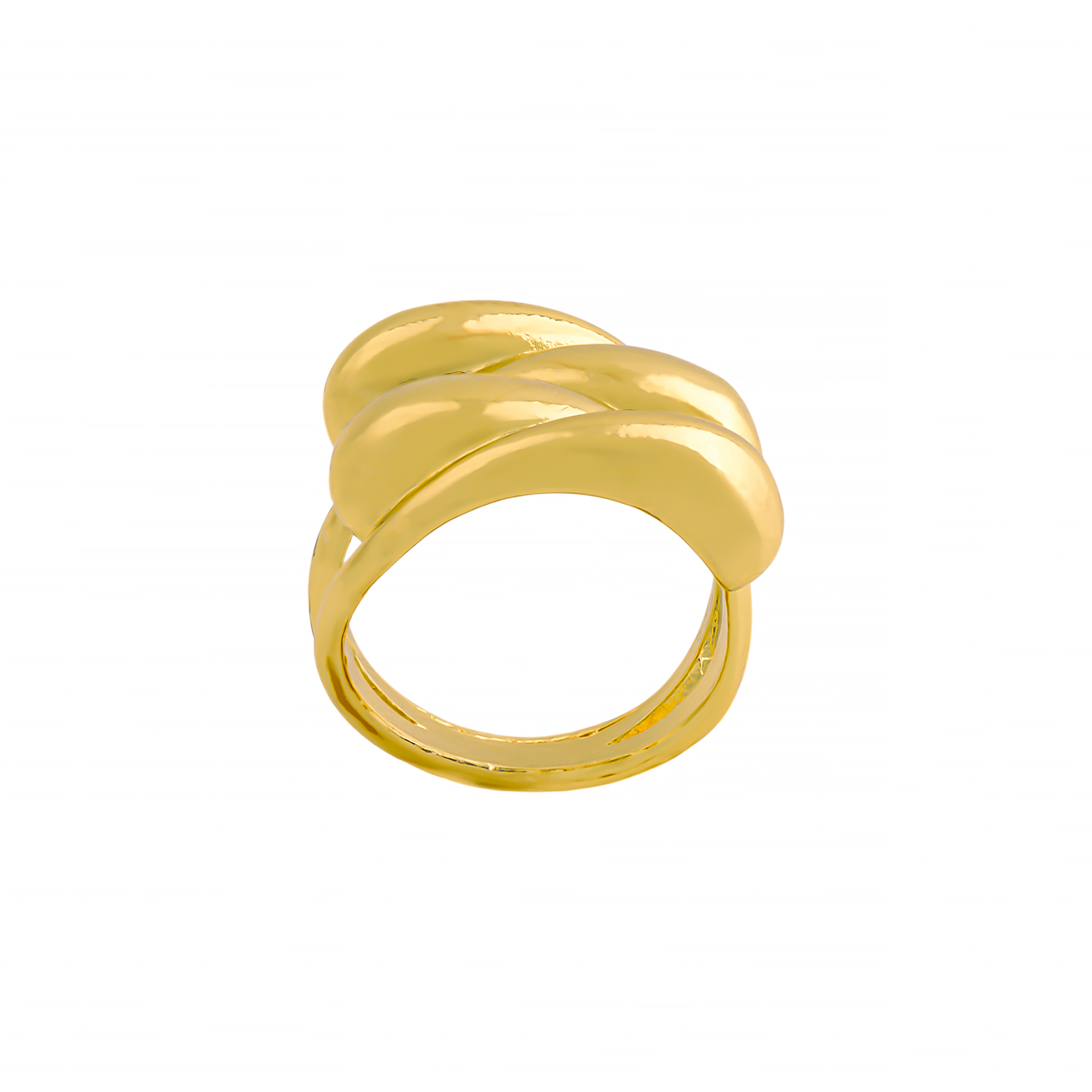 Gold-plated statement ring featuring layered, flowing curves and a polished finish for bold elegance.