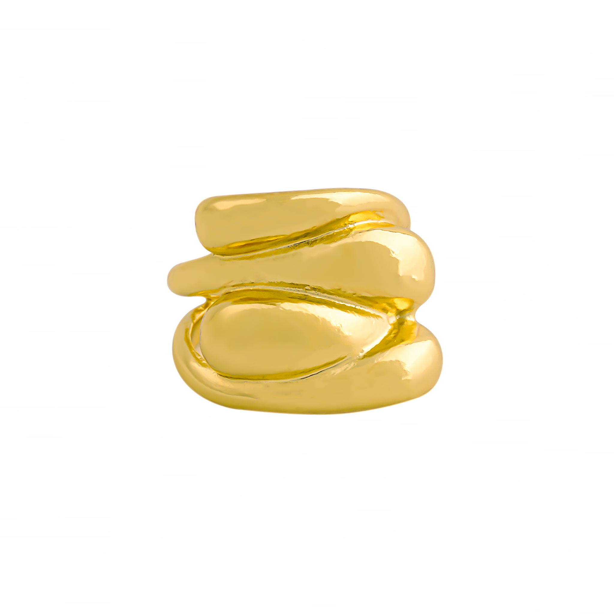 Gold-plated statement ring featuring layered, flowing curves and a polished finish for bold elegance.