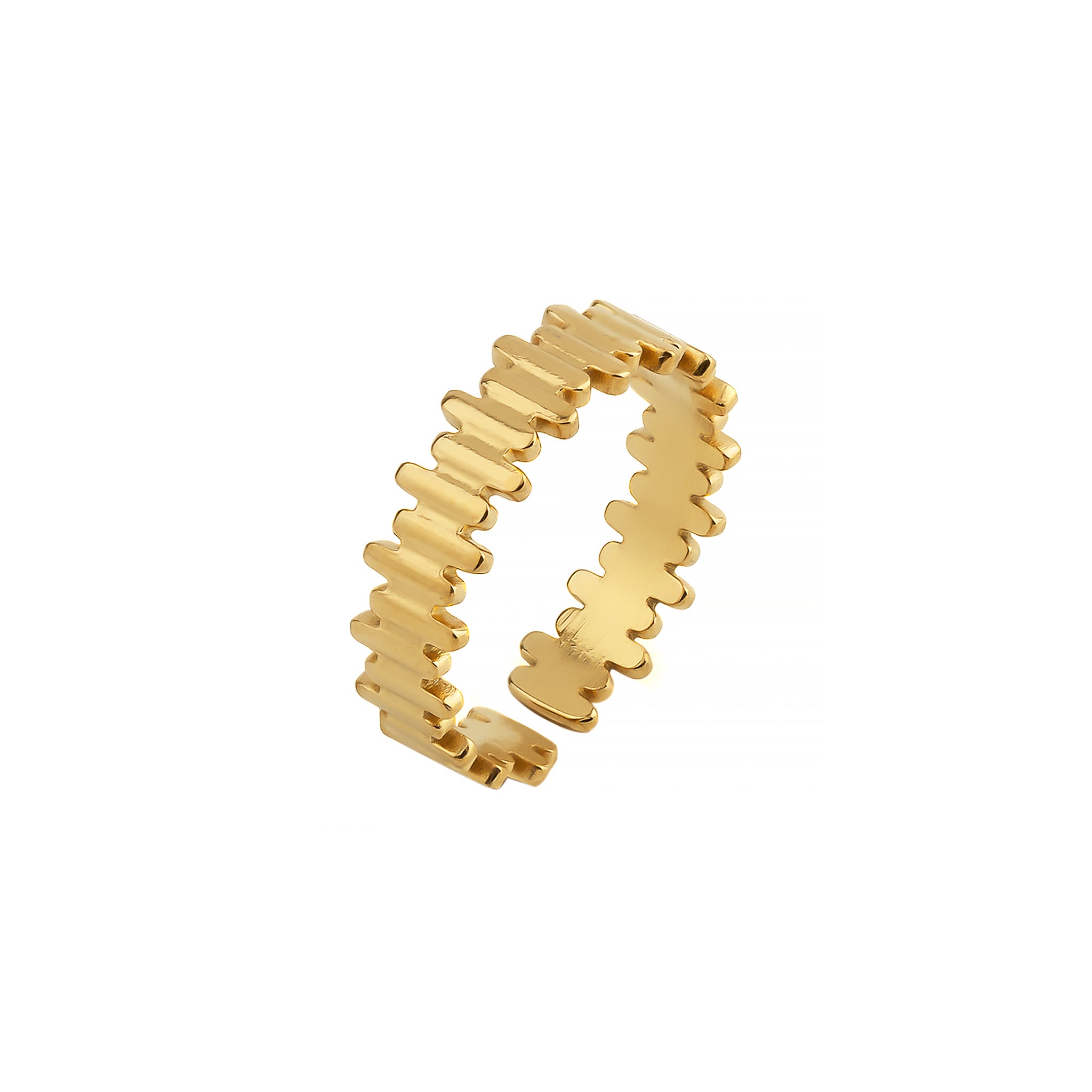 18K gold-plated adjustable ring featuring a unique interlocking pattern and a polished finish for a modern edge.