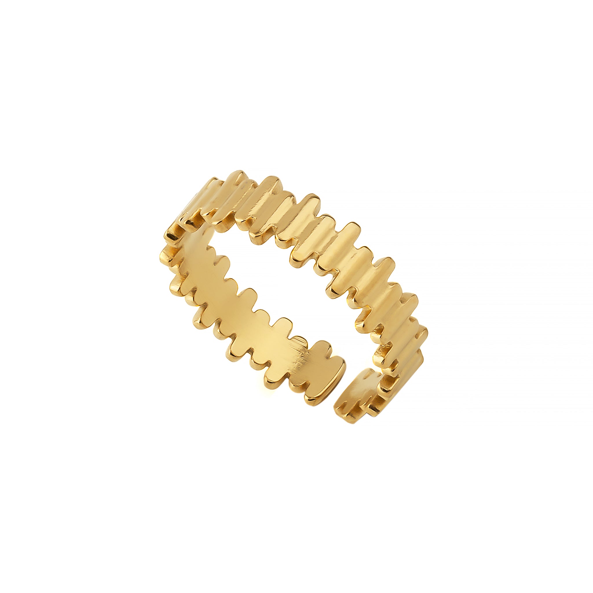 18K gold-plated adjustable ring featuring a unique interlocking pattern and a polished finish for a modern edge.