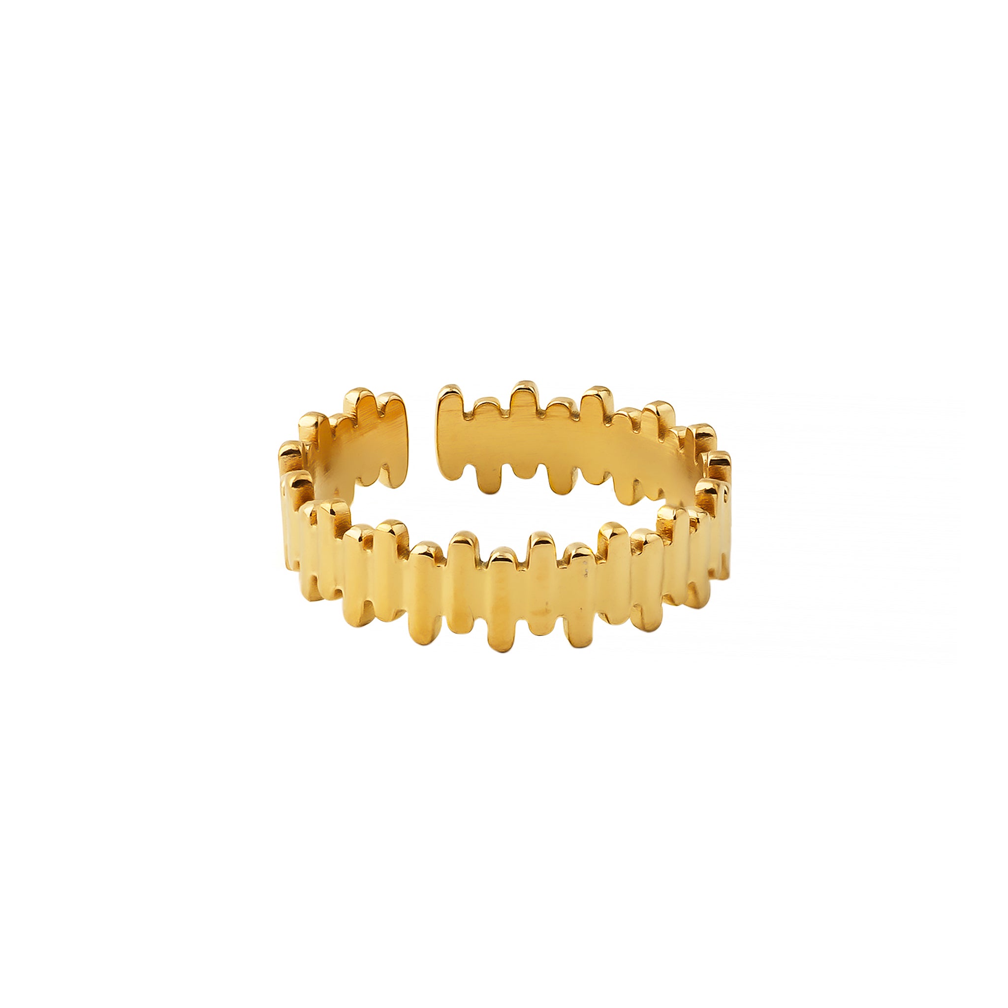 18K gold-plated adjustable ring featuring a unique interlocking pattern and a polished finish for a modern edge.