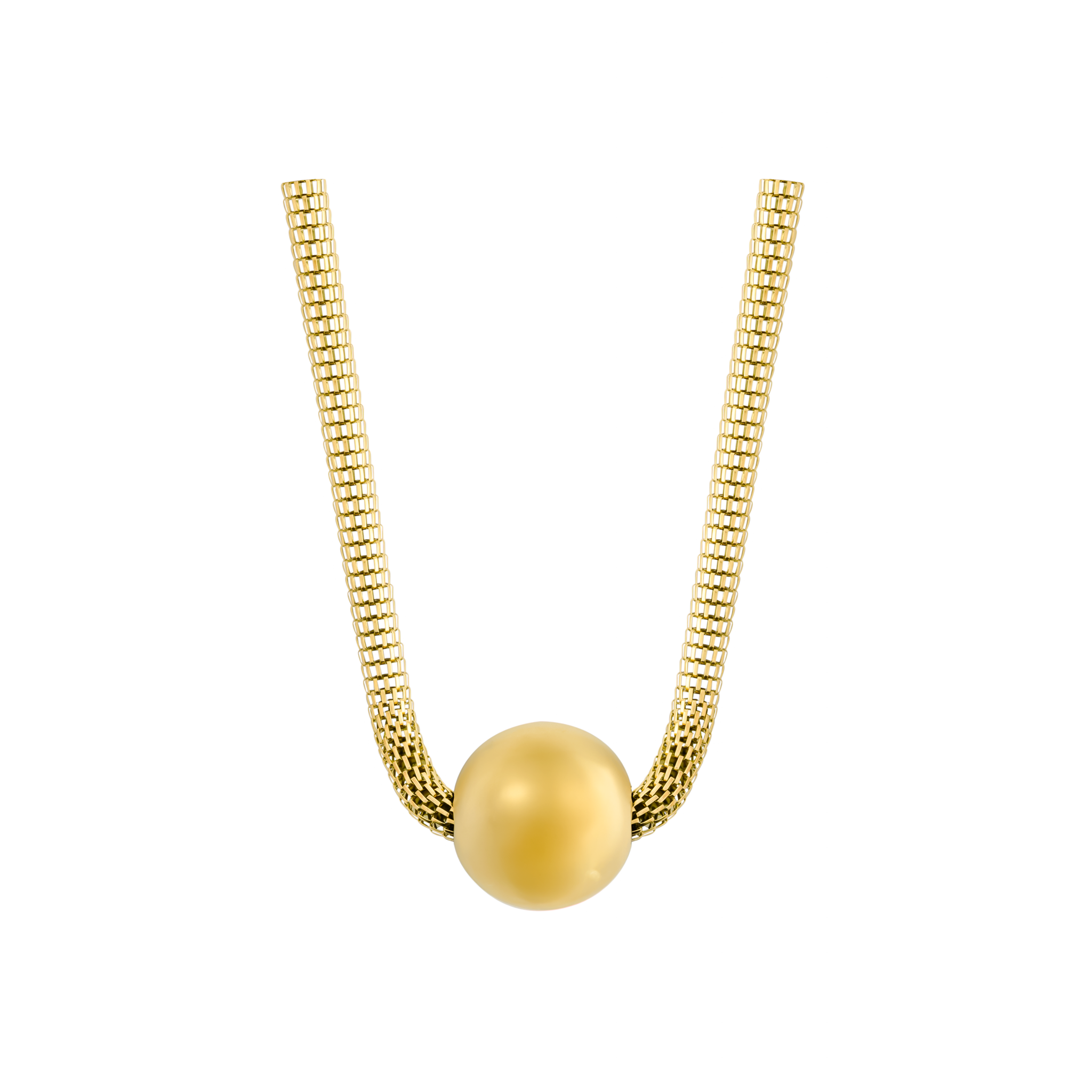 18K gold-plated mesh chain necklace featuring a bold spherical pendant for a modern statement look.