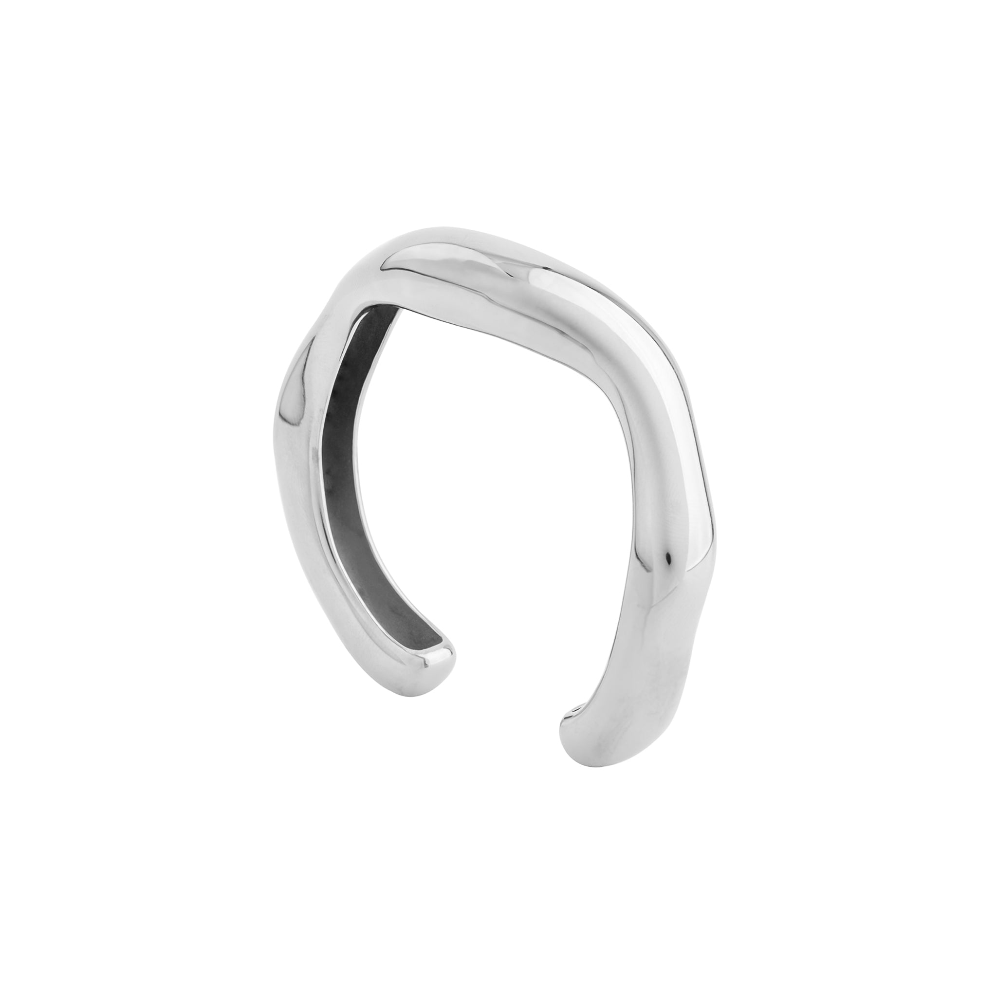 Silver pated open cuff bracelet with a minimalist design, offering a sleek and versatile statement piece for everyday elegance.