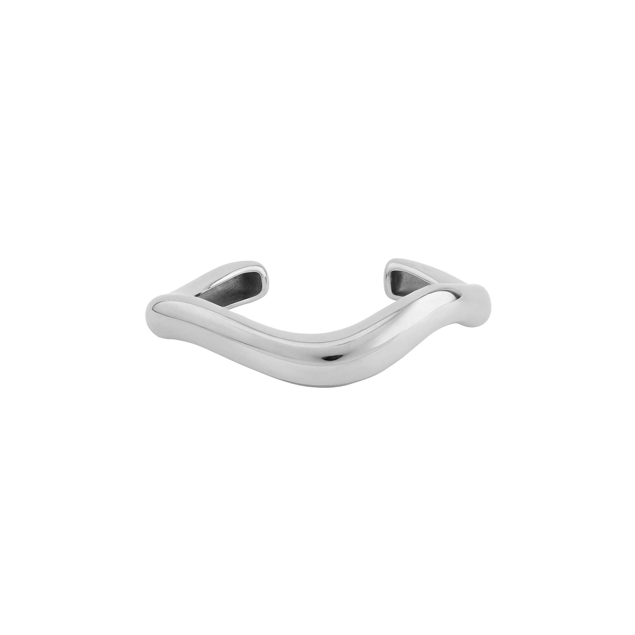 Silver pated open cuff bracelet with a minimalist design, offering a sleek and versatile statement piece for everyday elegance.