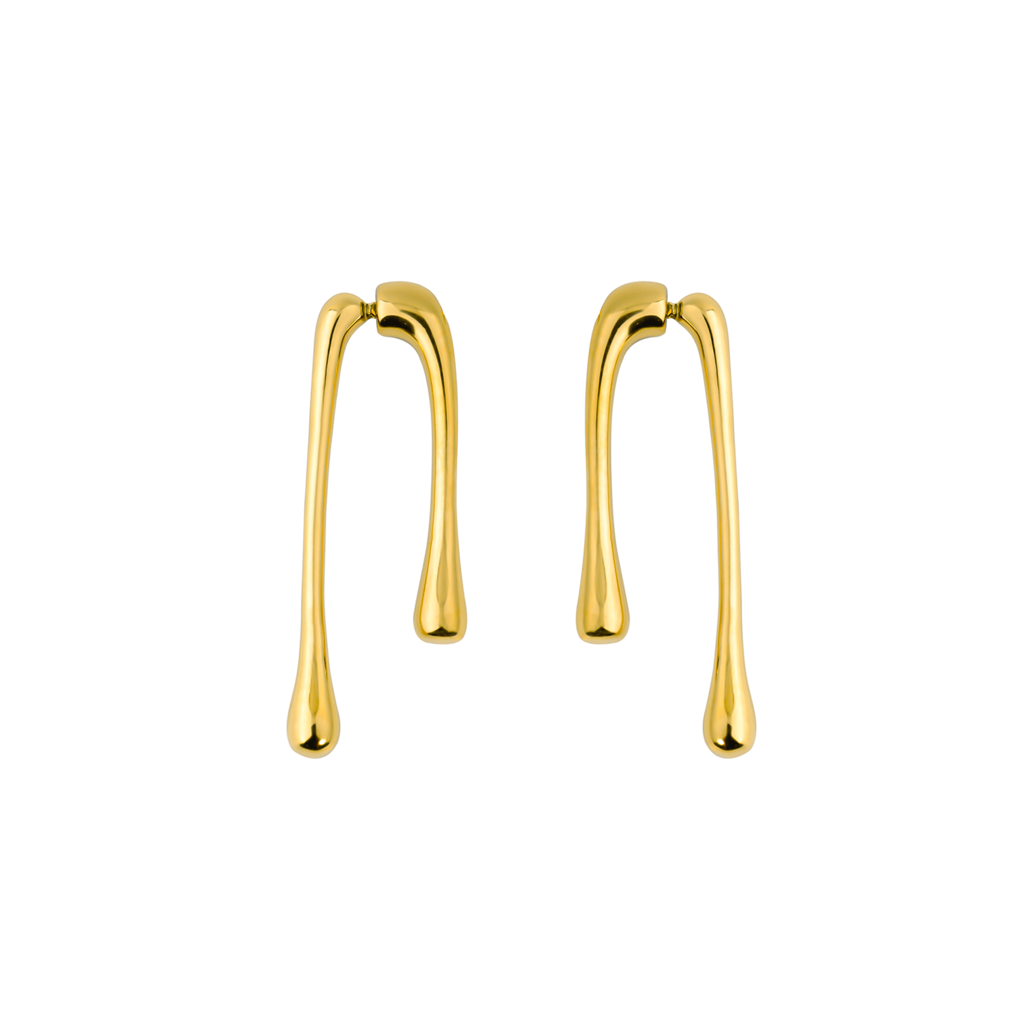 18K gold-plated drop earrings with a fluid, elongated design, capturing a modern aesthetic inspired by natural flowing forms.