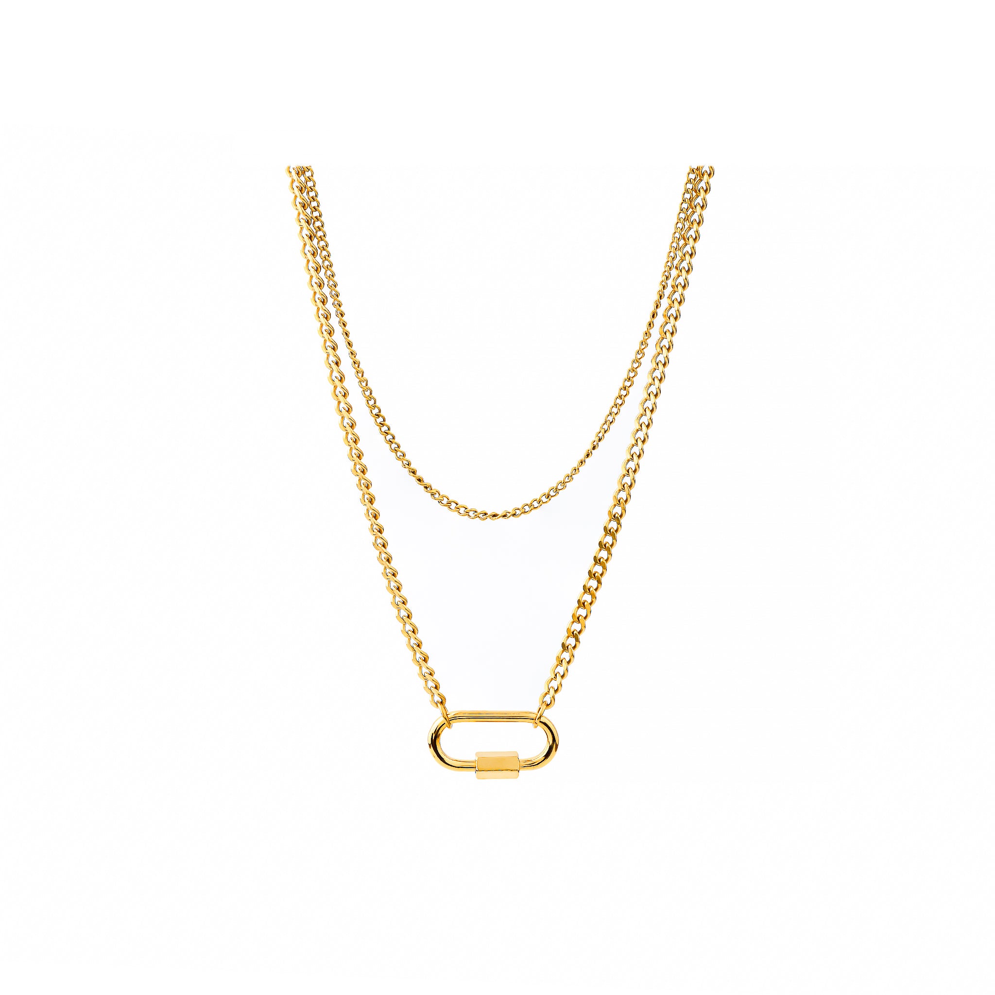 A close-up view of an 18K gold-plated layered necklace featuring two sleek chains and a lock-shaped charm, laid flat against a white background.