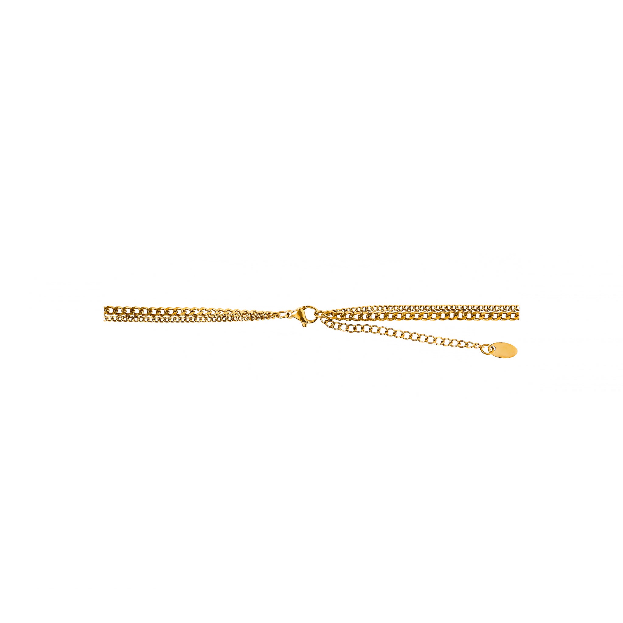 A close-up view of an 18K gold-plated layered necklace featuring two sleek chains and a lock-shaped charm, laid flat against a white background.