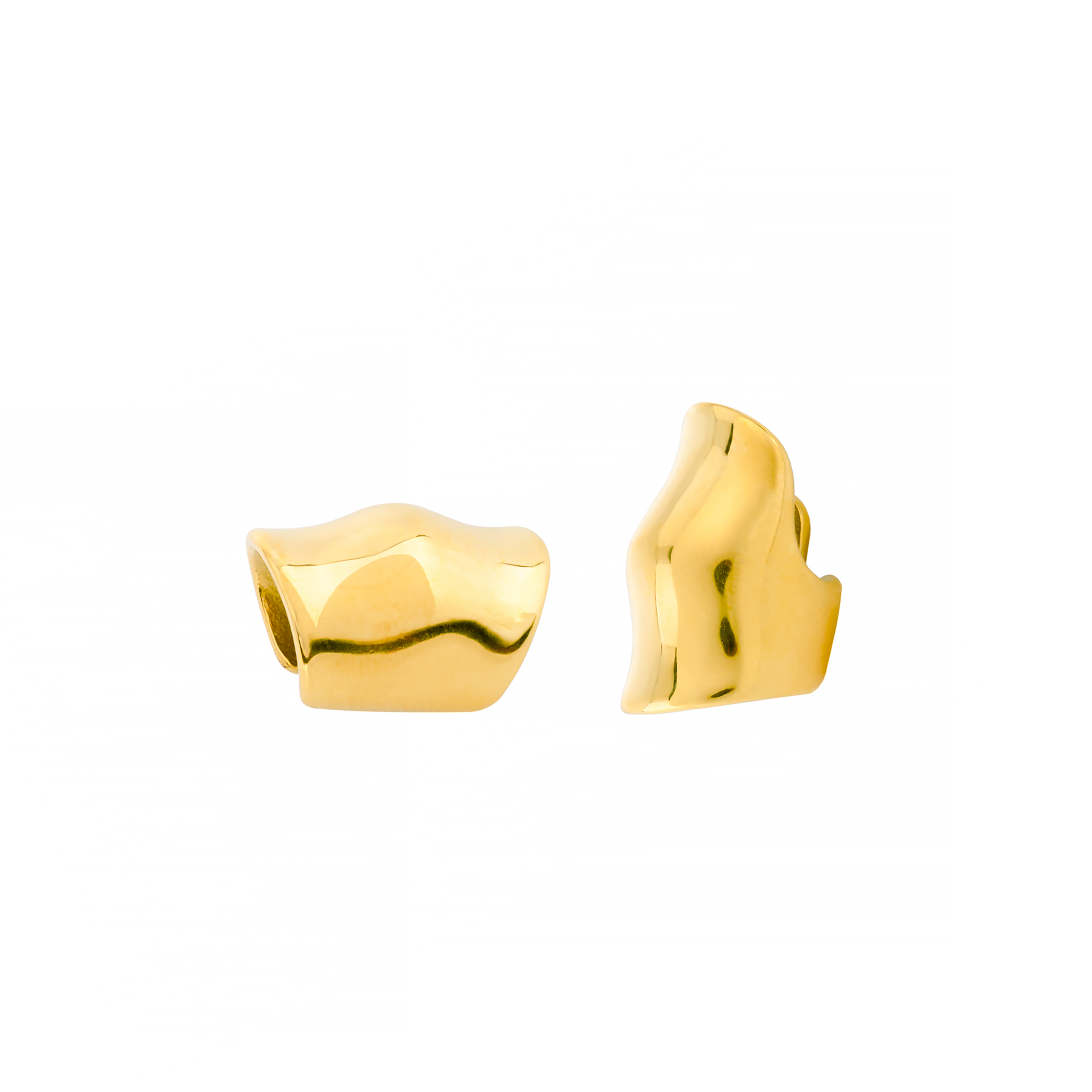 Close-up view of 18K gold plated ear cuffs, showcasing their smooth, wavy, and contemporary design with a glossy finish.