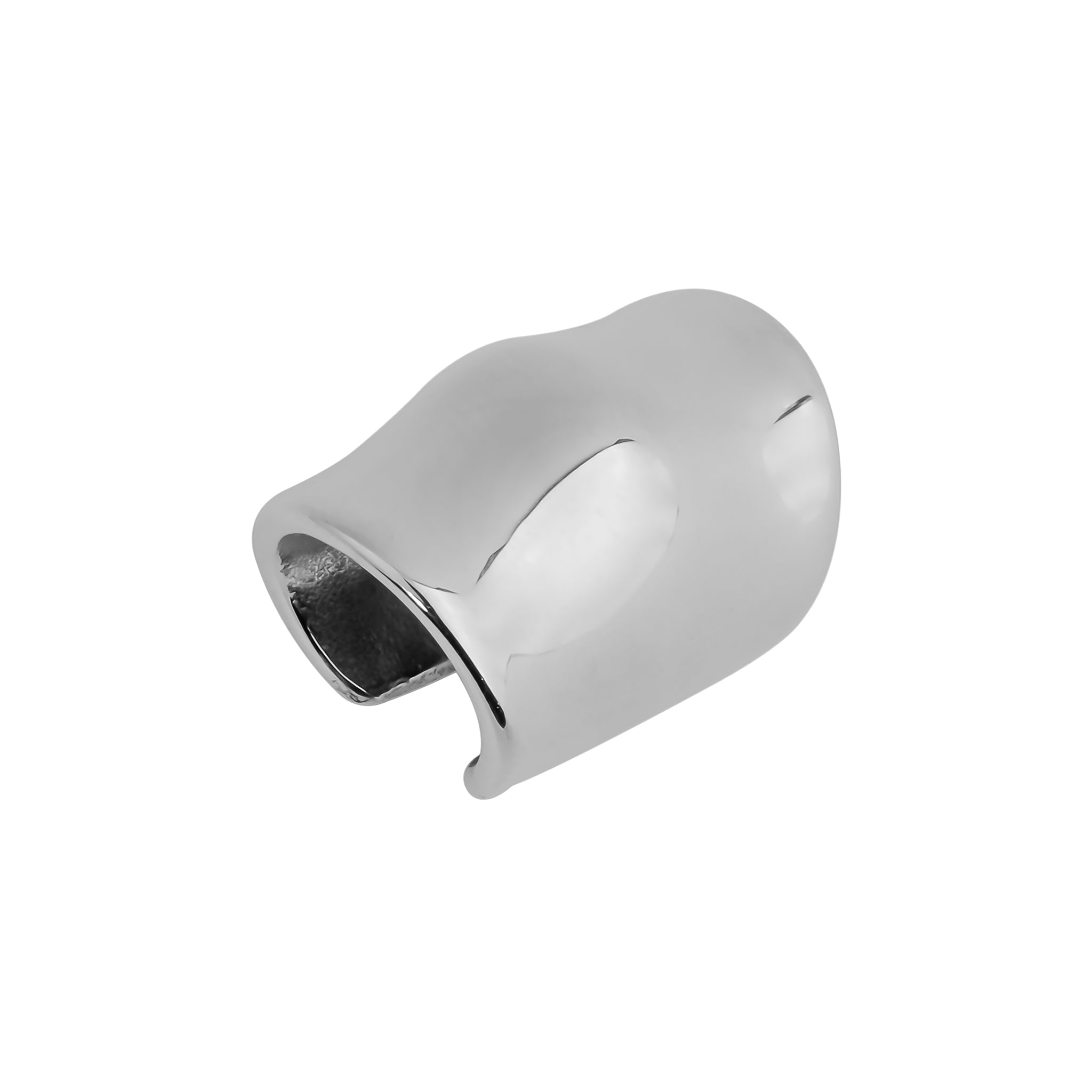 Close-up view of silver plated ear cuffs, showcasing their smooth, wavy, and contemporary design with a glossy finish.