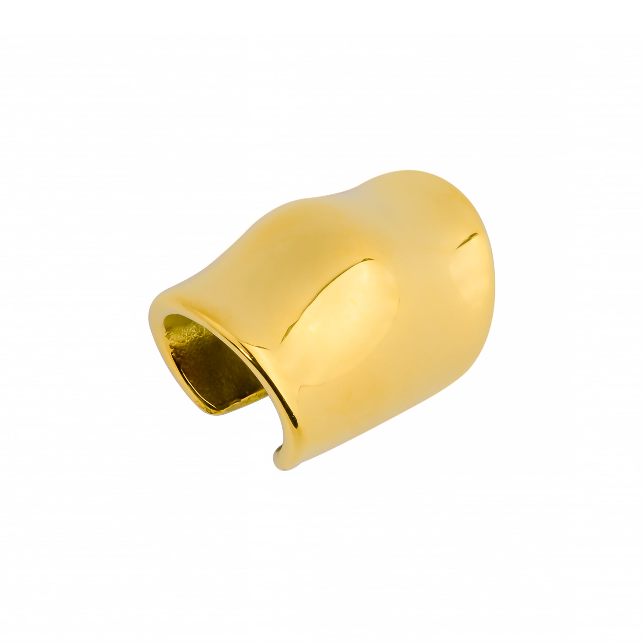 Close-up view of 18K gold plated ear cuffs, showcasing their smooth, wavy, and contemporary design with a glossy finish
