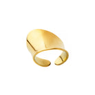 Close-up view of an 18K gold-plated, open-ended statement ring featuring a sleek, minimalist design with a smooth finish.