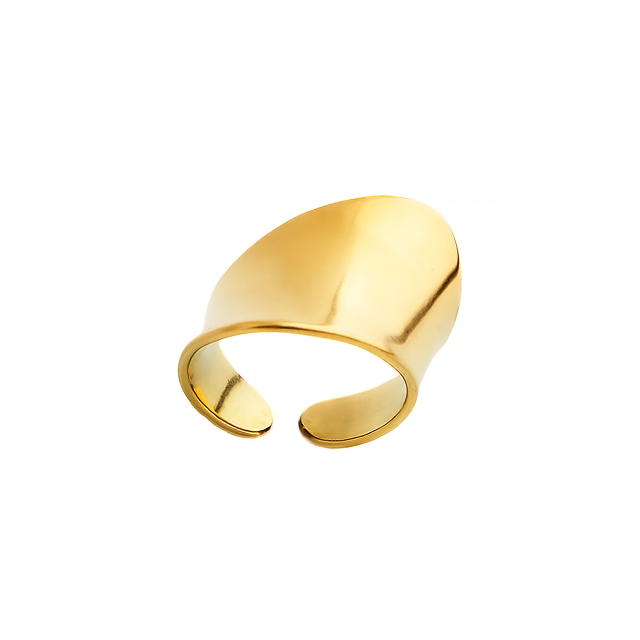 Close-up view of an 18K gold-plated, open-ended statement ring featuring a sleek, minimalist design with a smooth finish.