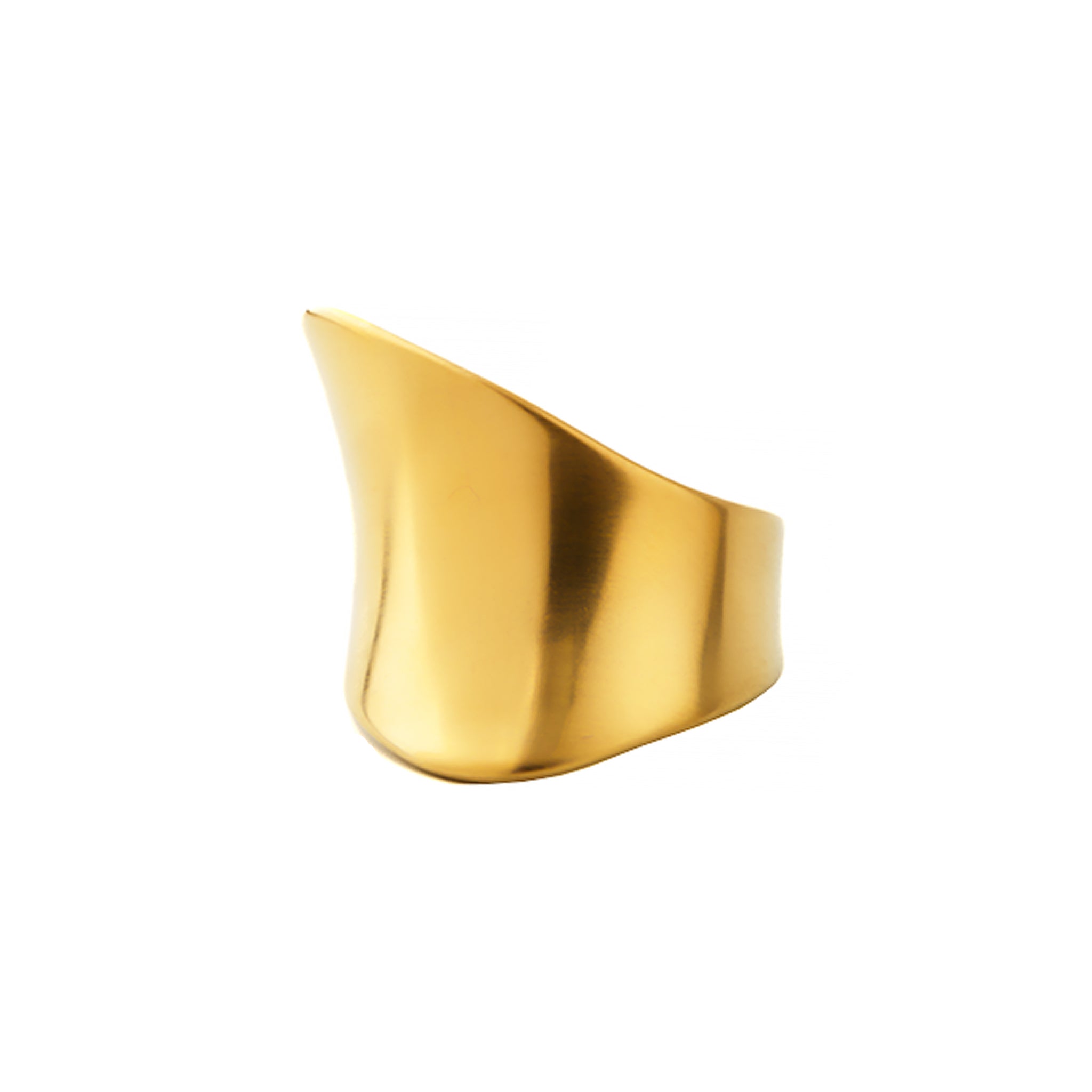 Close-up view of an 18K gold-plated, open-ended statement ring featuring a sleek, minimalist design with a smooth finish.