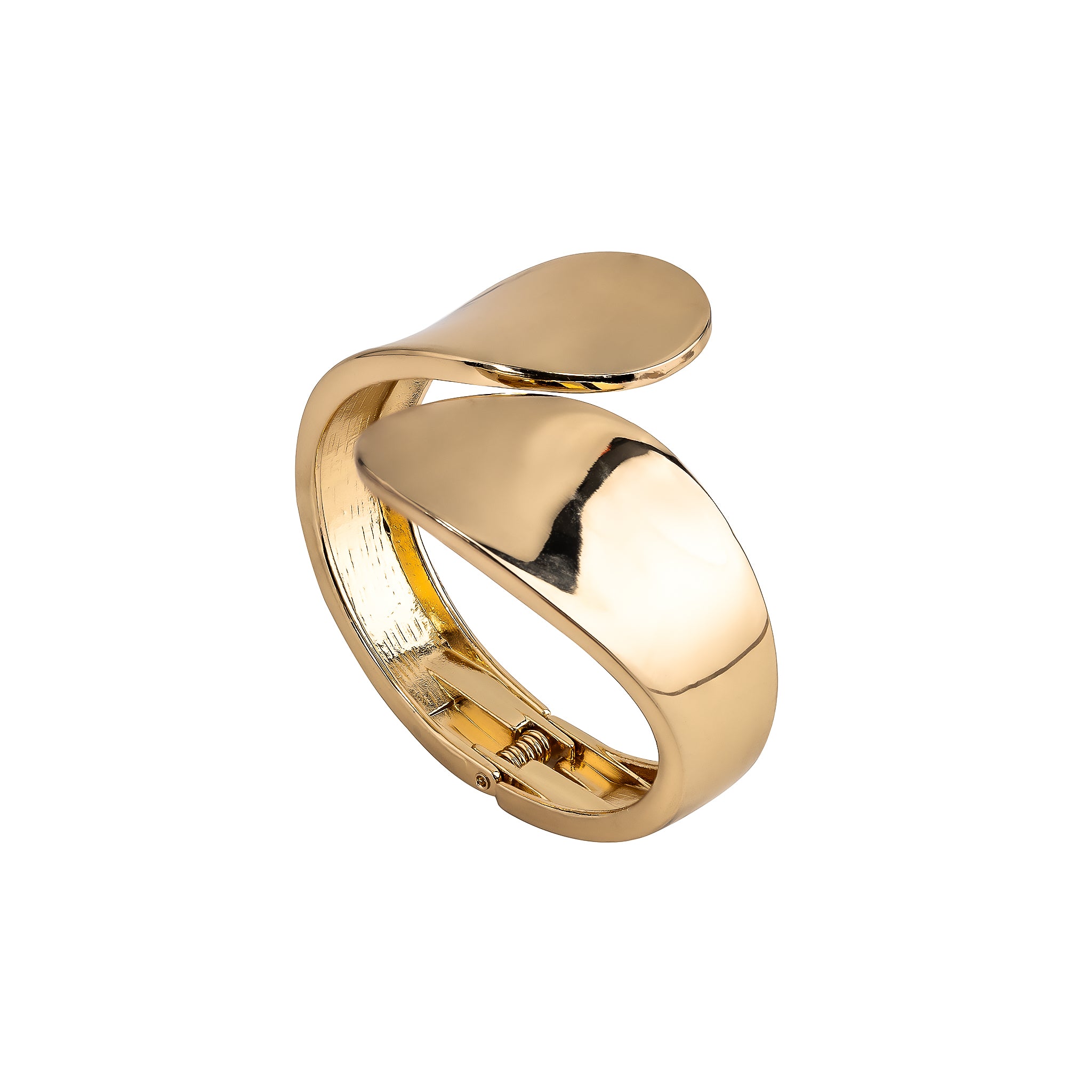 18K gold-plated cuff bracelet with a modern, curved design, featuring a high-polish reflective finish and an open adjustable structure.