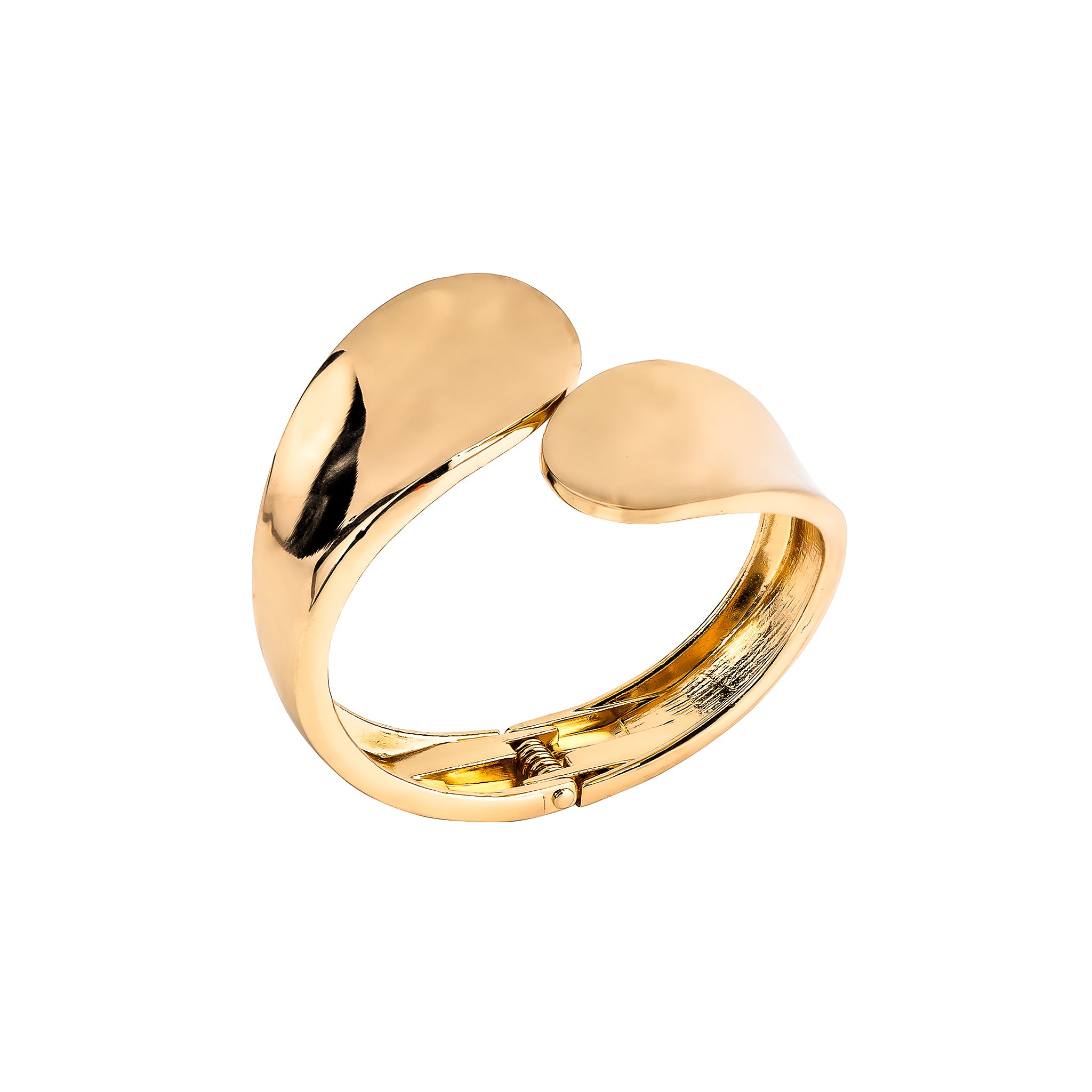 18K gold-plated cuff bracelet with a modern, curved design, featuring a high-polish reflective finish and an open adjustable structure.