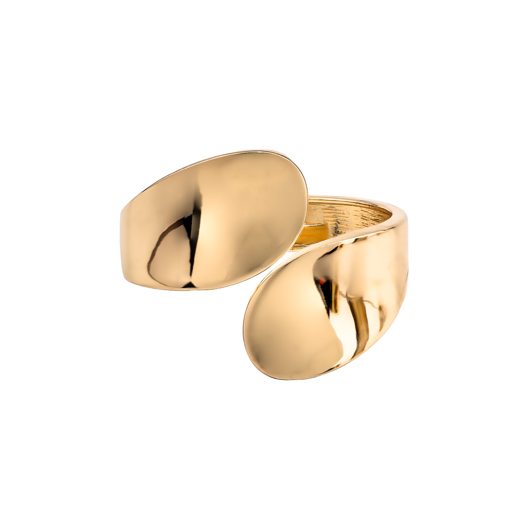 18K gold-plated cuff bracelet with a modern, curved design, featuring a high-polish reflective finish and an open adjustable structure.
