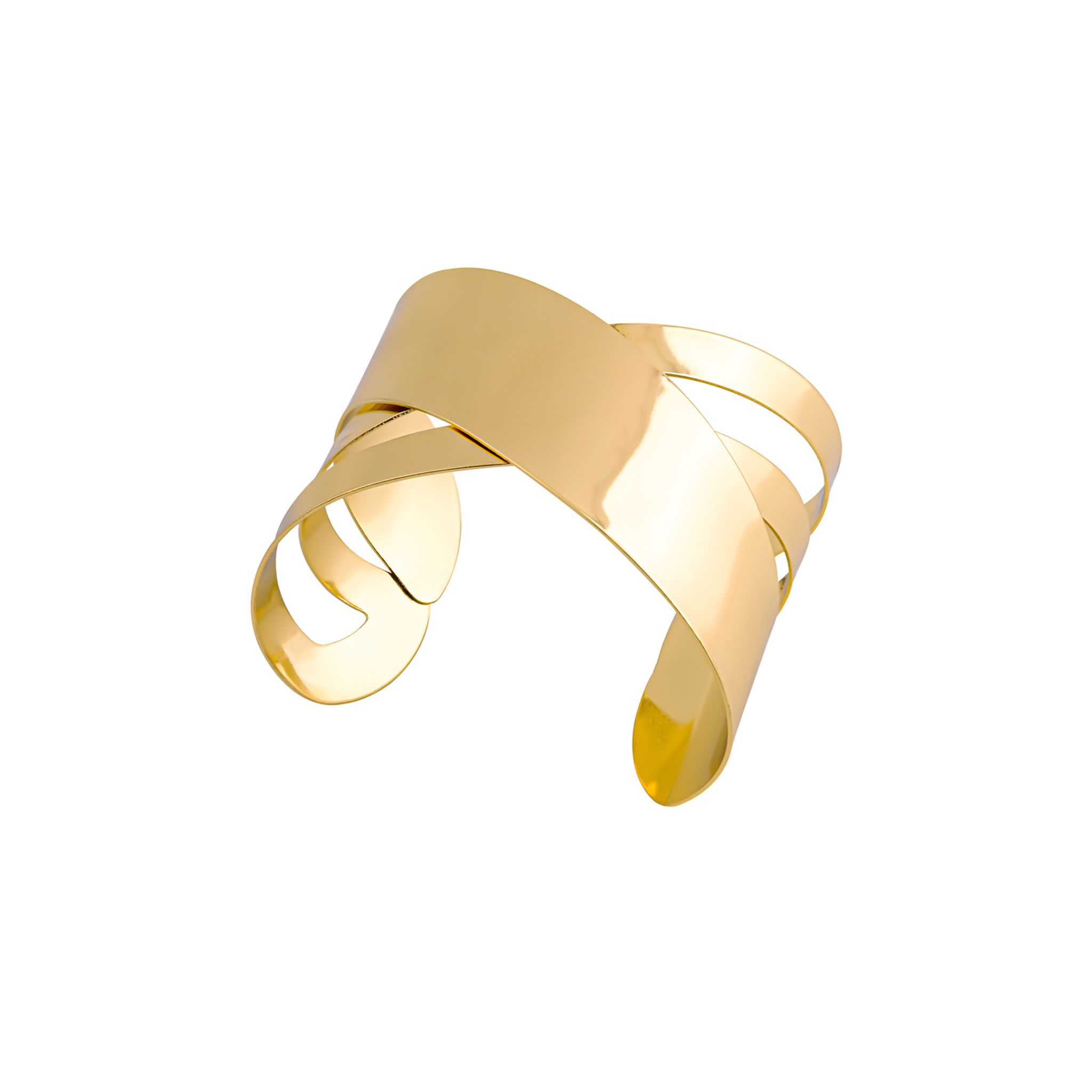 18K gold-plated cuff bracelet featuring a unique crisscross design with bold, polished bands, reflecting a luxurious and elegant aesthetic.