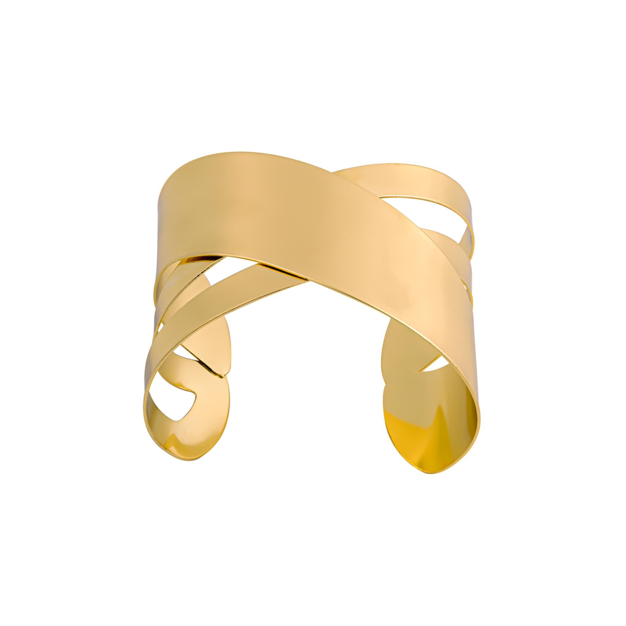 18K gold-plated cuff bracelet featuring a unique crisscross design with bold, polished bands, reflecting a luxurious and elegant aesthetic.