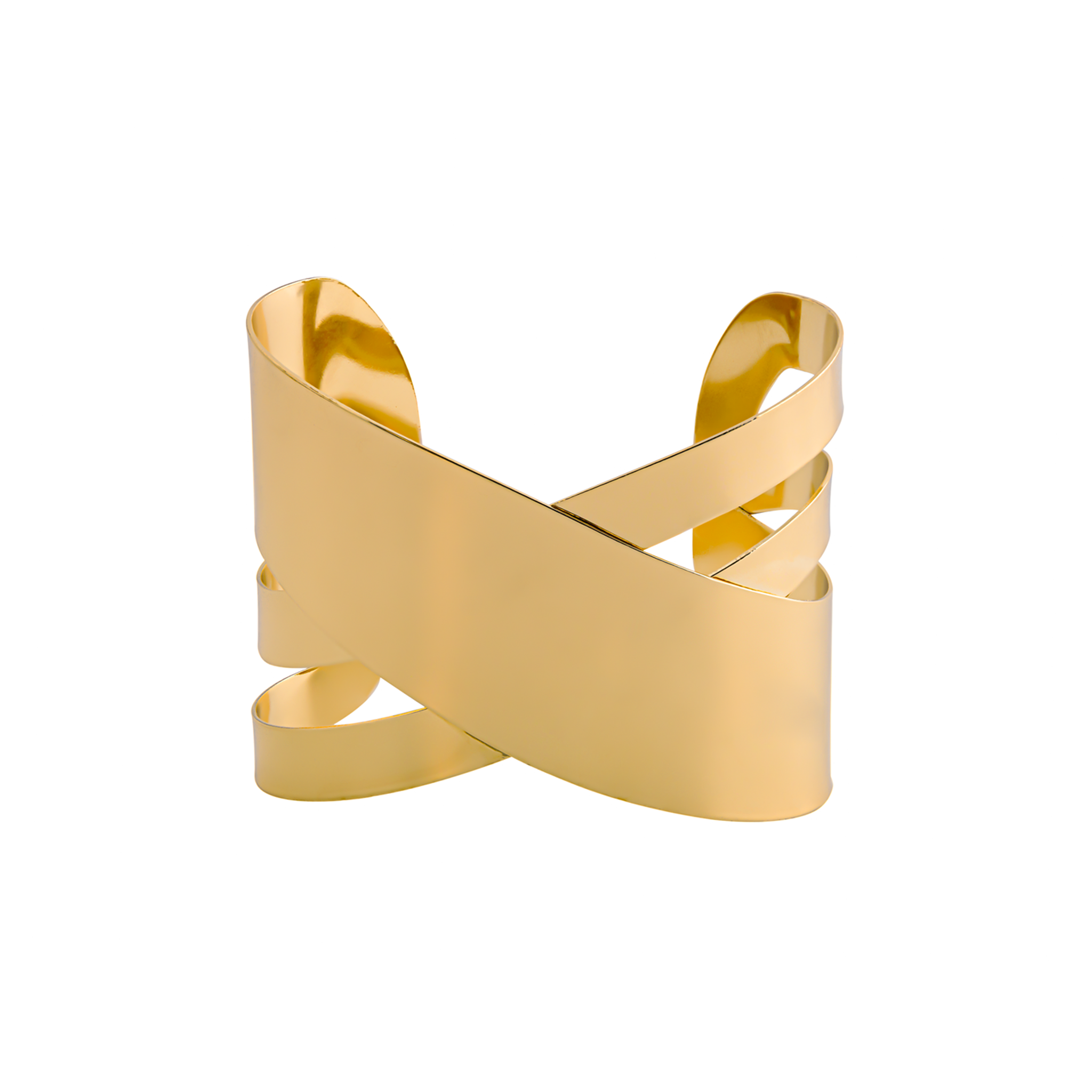18K gold-plated cuff bracelet featuring a unique crisscross design with bold, polished bands, reflecting a luxurious and elegant aesthetic.