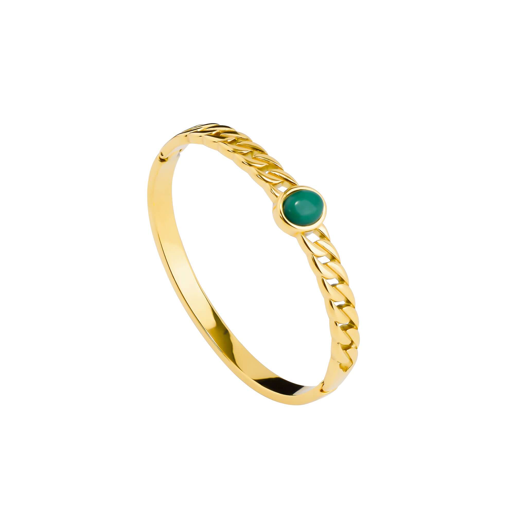 Close-up of a sleek gold-plated chain bangle featuring a central green stone, showcasing intricate chain detailing for an elegant finish.