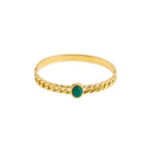 Close-up of a sleek gold-plated chain bangle featuring a central green stone, showcasing intricate chain detailing for an elegant finish.