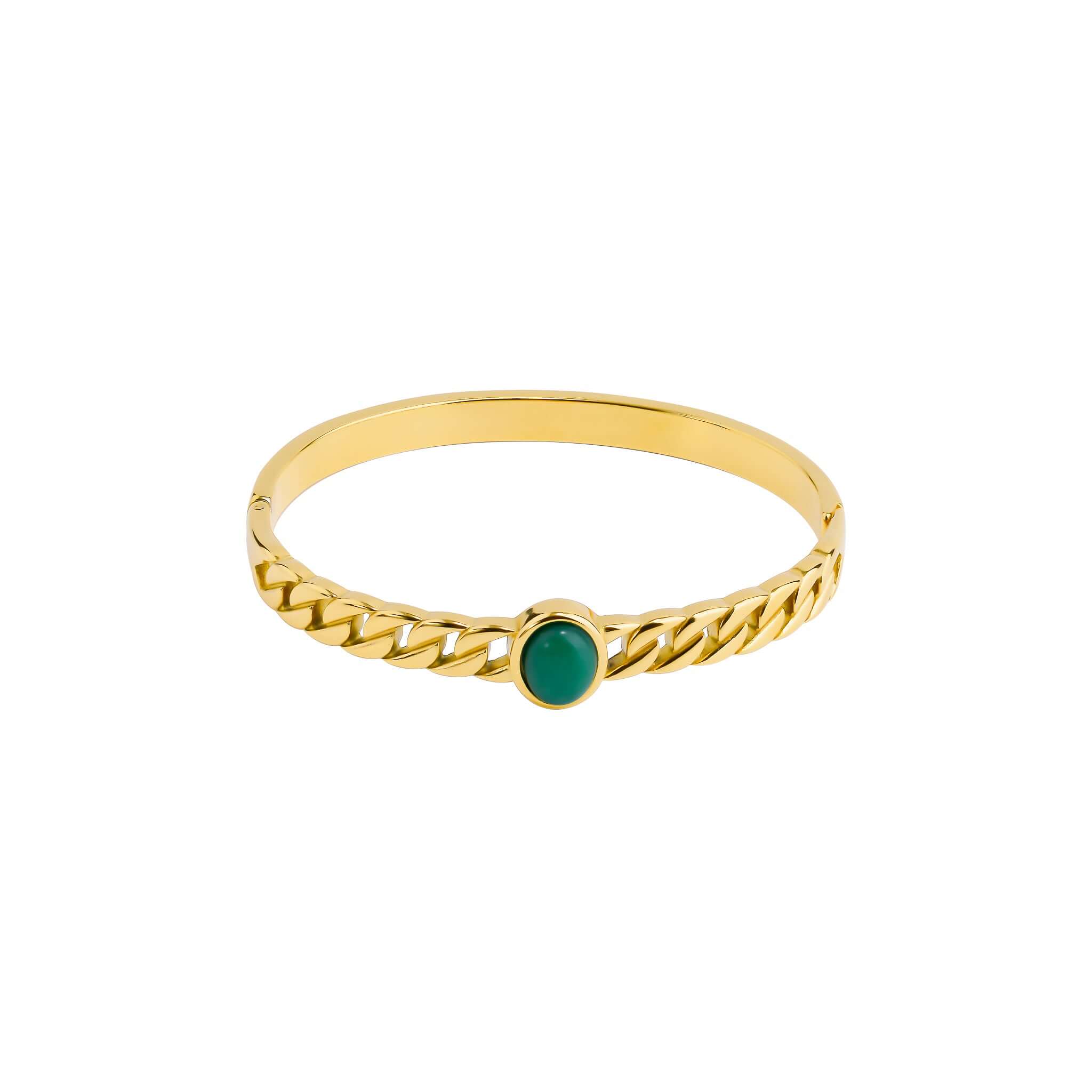 Close-up of a sleek gold-plated chain bangle featuring a central green stone, showcasing intricate chain detailing for an elegant finish.