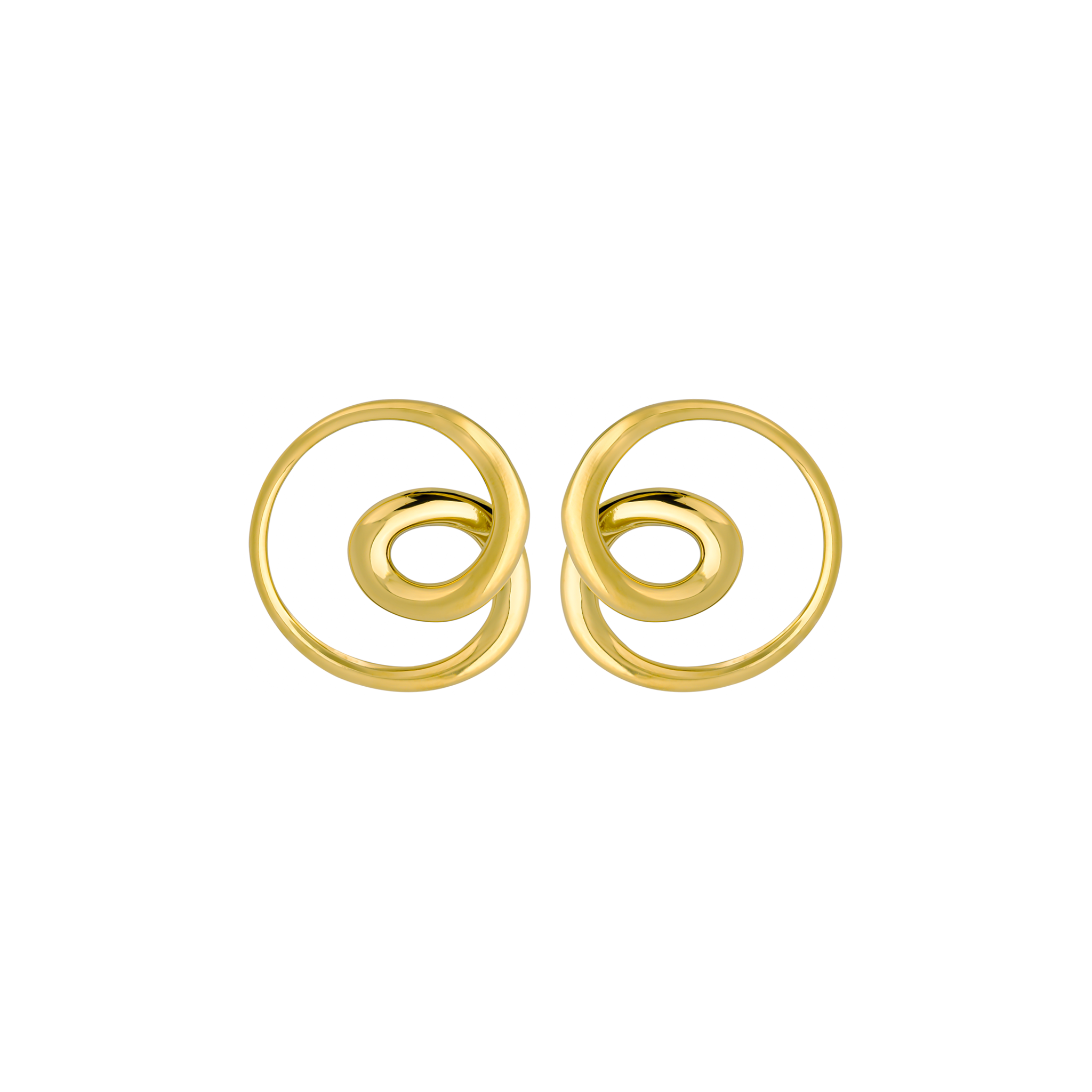A pair of 18k gold-plated circular hoop earrings featuring an elegant intertwined spiral design, showcasing a polished and radiant surface.