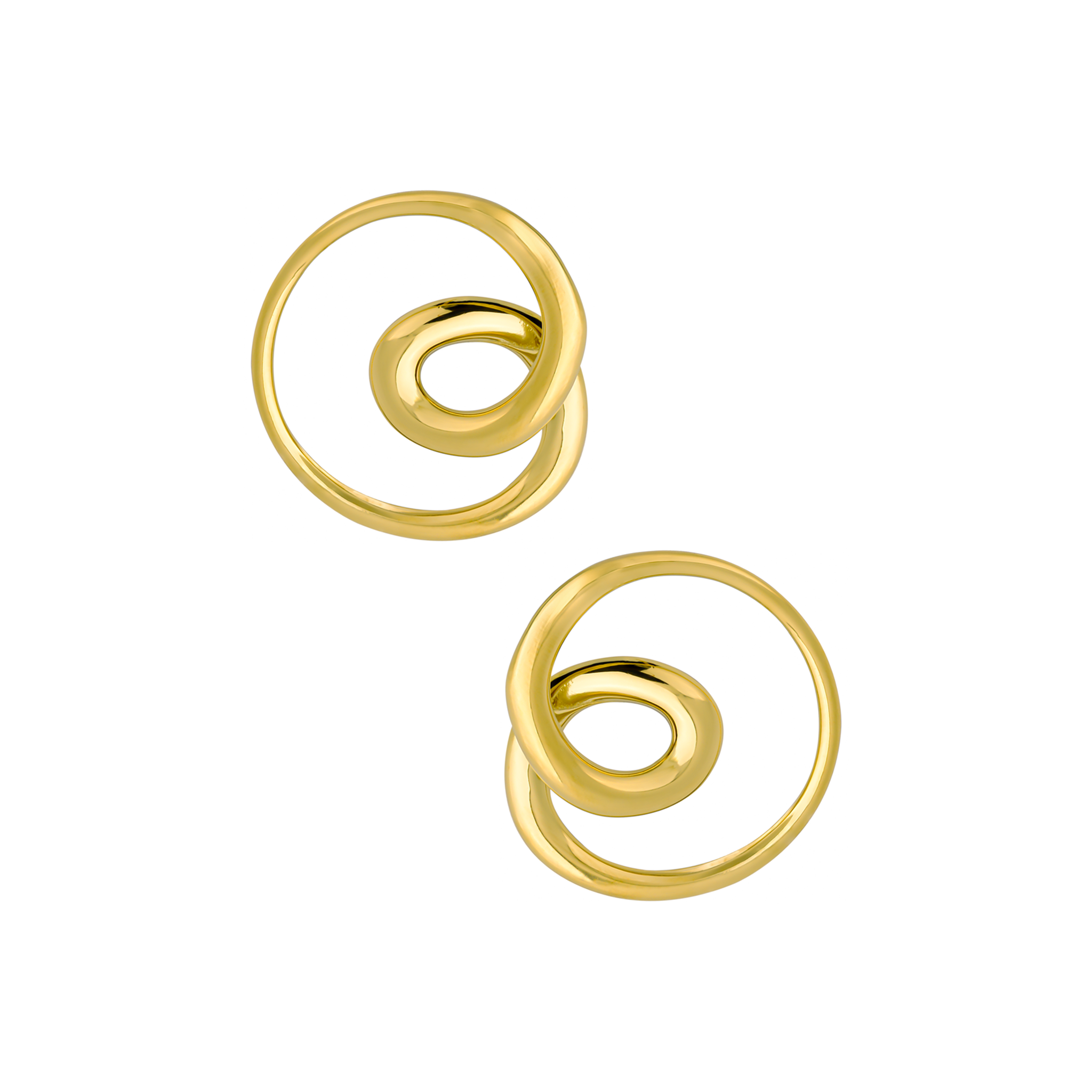 A pair of 18k gold-plated circular hoop earrings featuring an elegant intertwined spiral design, showcasing a polished and radiant surface.
