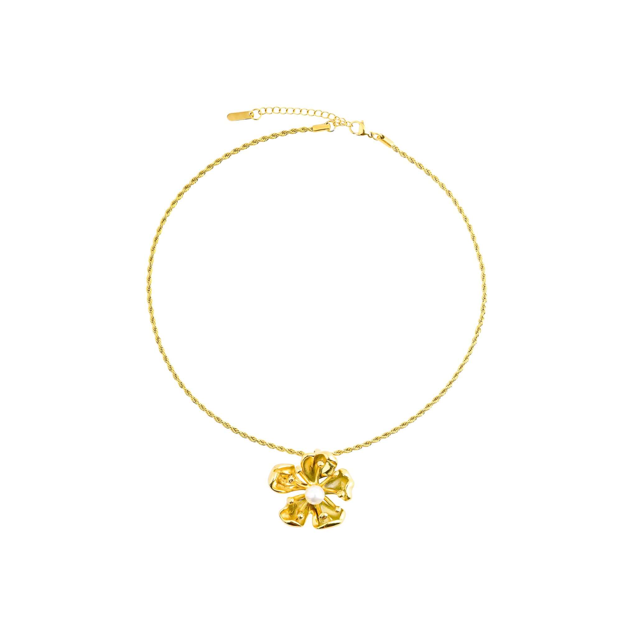 A delicate 18K gold-plated chain necklace featuring a floral pendant with a central pearl accent, exuding elegance and charm.