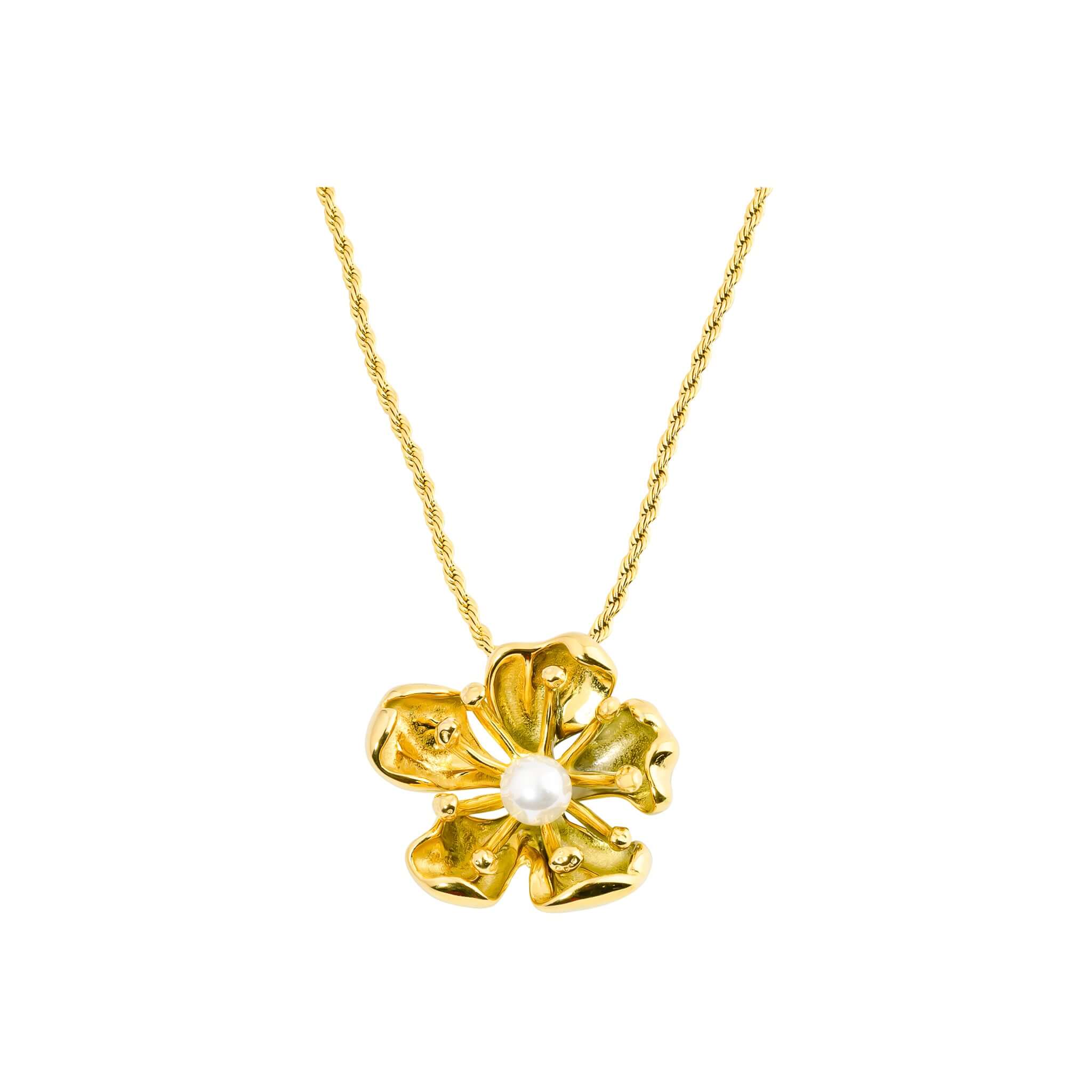 A delicate 18K gold-plated chain necklace featuring a floral pendant with a central pearl accent, exuding elegance and charm.
