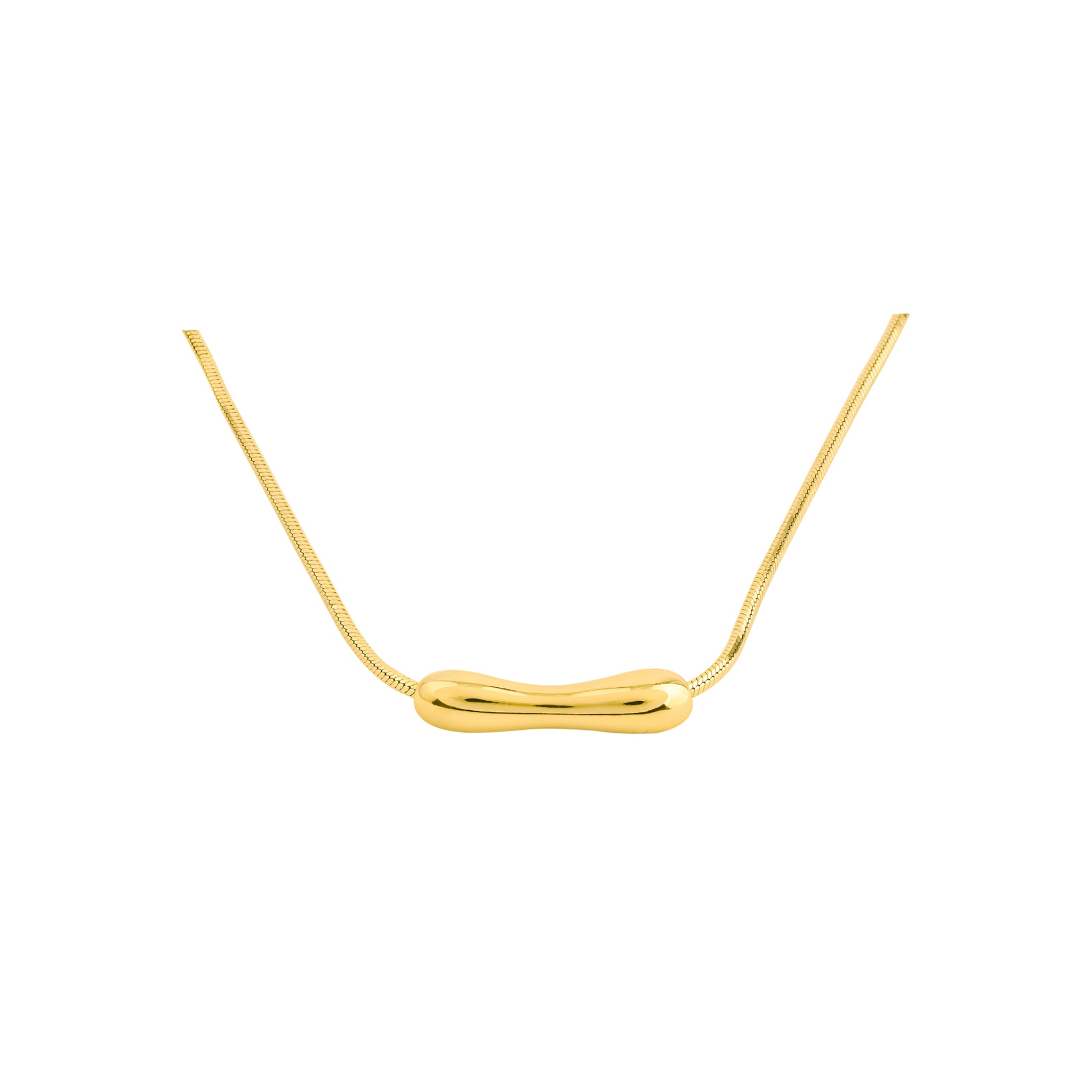 18K gold-plated necklace with a minimalist curved bar pendant suspended on a sleek snake chain, showcasing a modern and refined design.