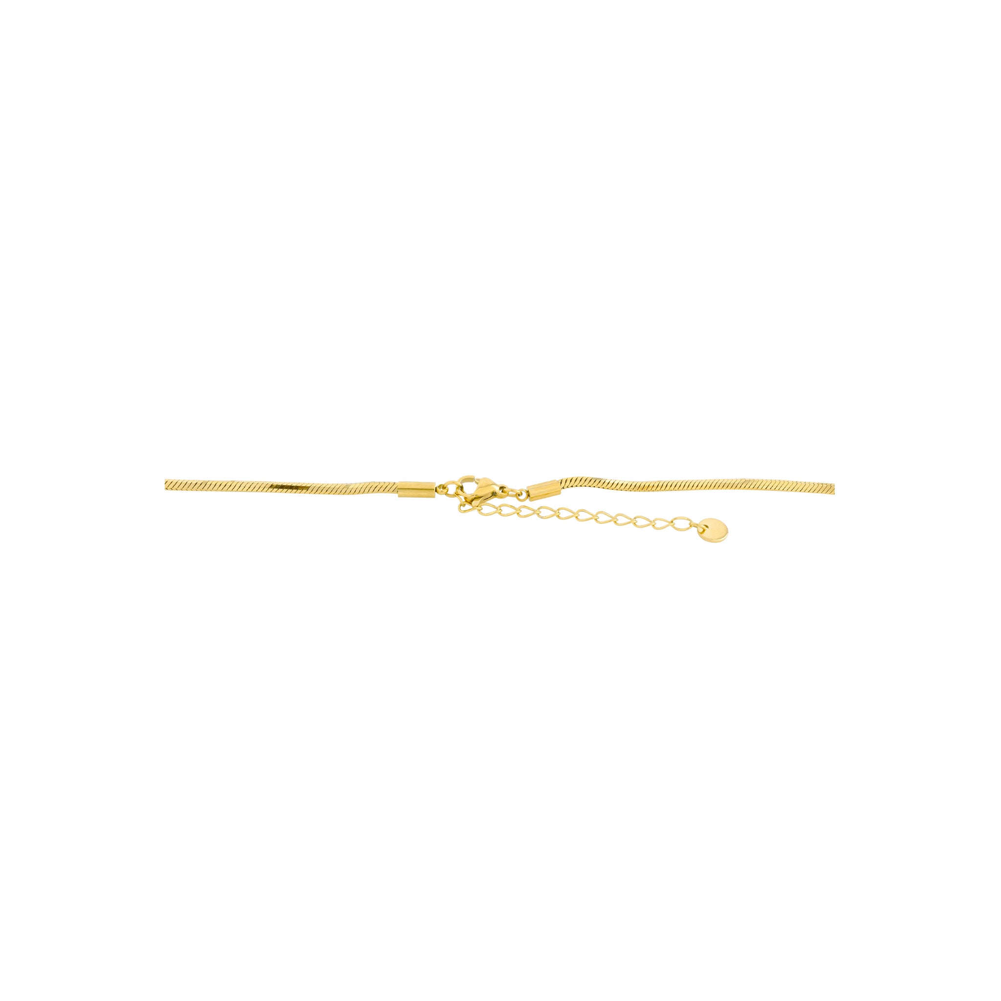 18K gold-plated necklace with a minimalist curved bar pendant suspended on a sleek snake chain, showcasing a modern and refined design.