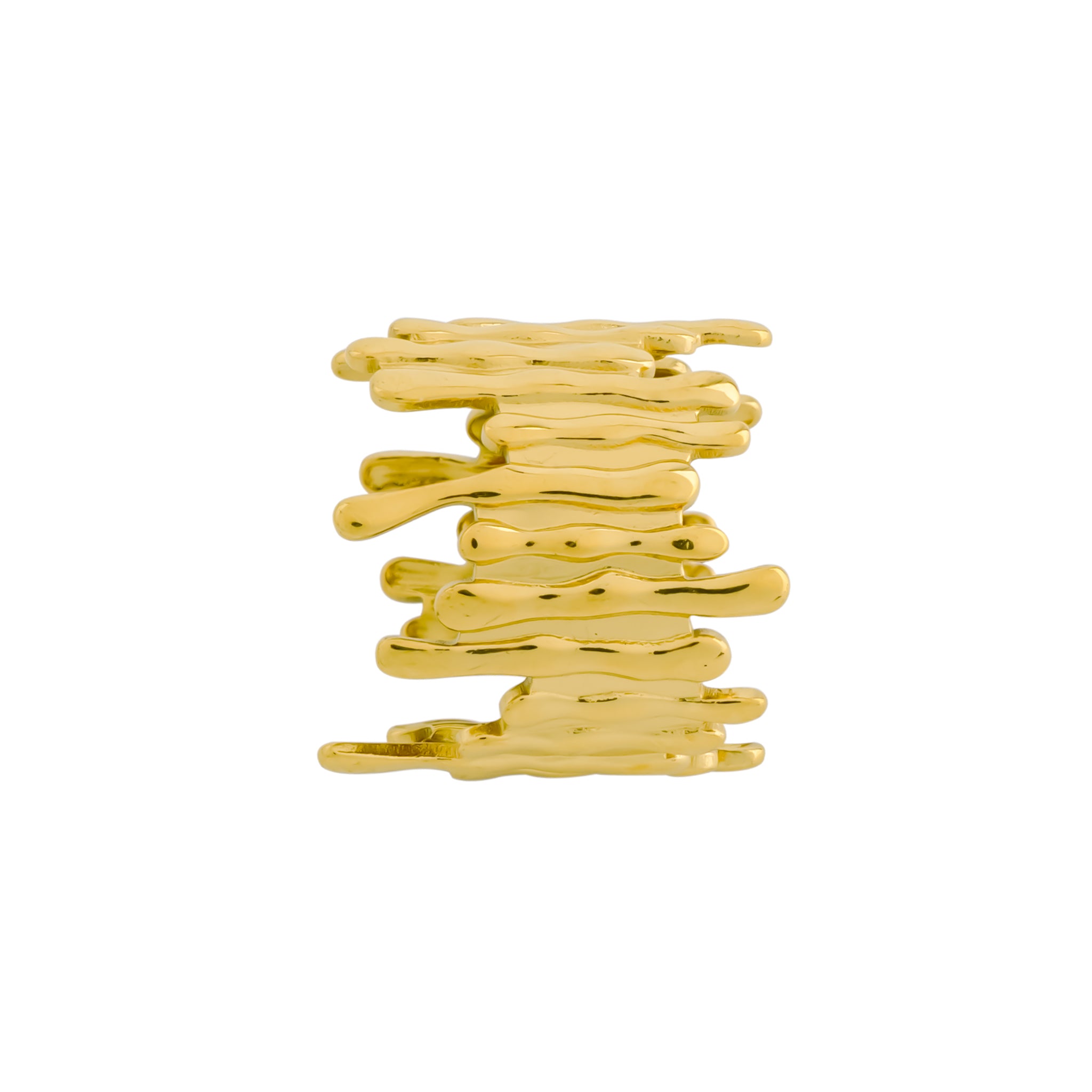 A textured 18K gold-plated adjustable ring with an organic, branch-like design, showcasing a bold and artistic statement.