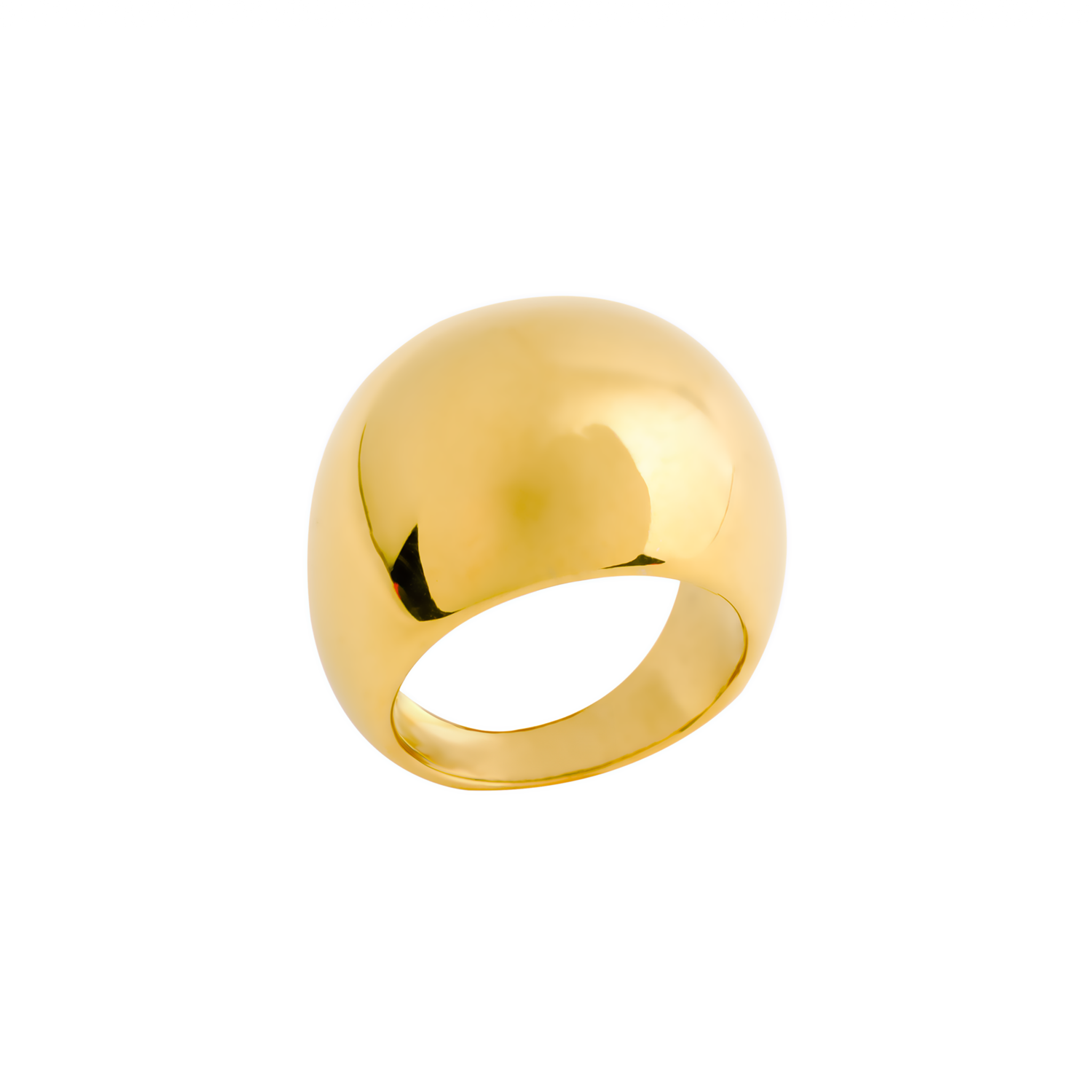 A sleek, dome-shaped gold-plated statement ring with a highly polished surface, reflecting light elegantly.