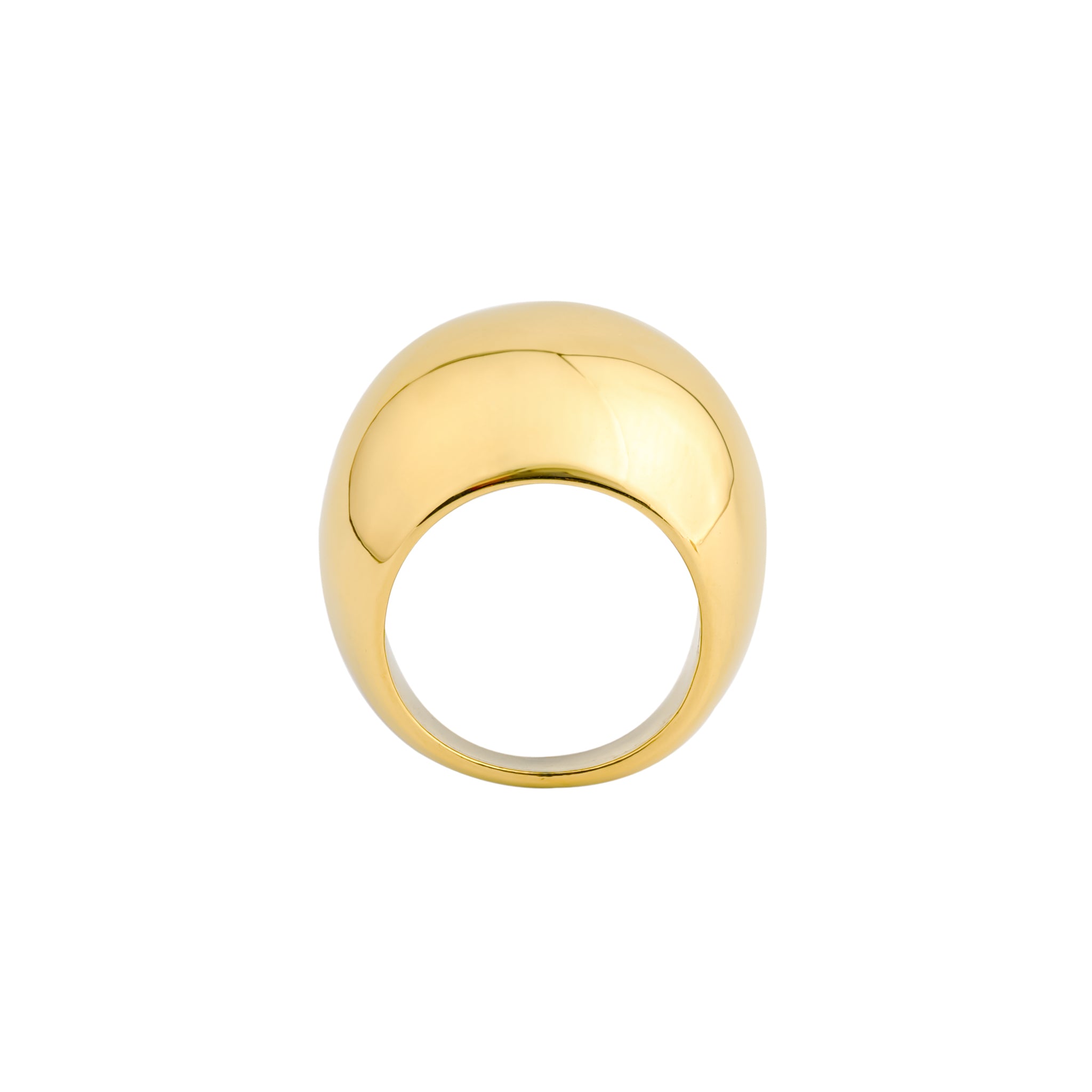 A sleek, dome-shaped gold-plated statement ring with a highly polished surface, reflecting light elegantly.