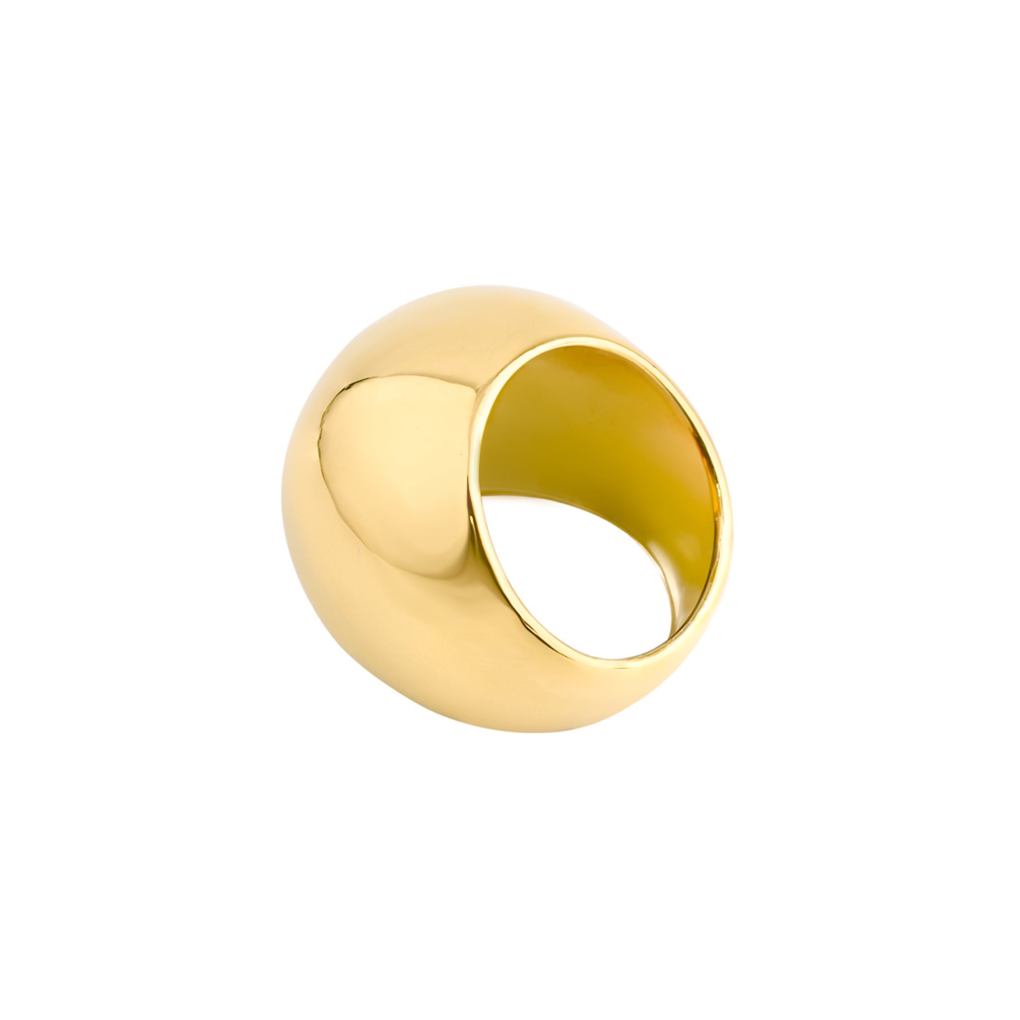 A sleek, dome-shaped gold-plated statement ring with a highly polished surface, reflecting light elegantly.