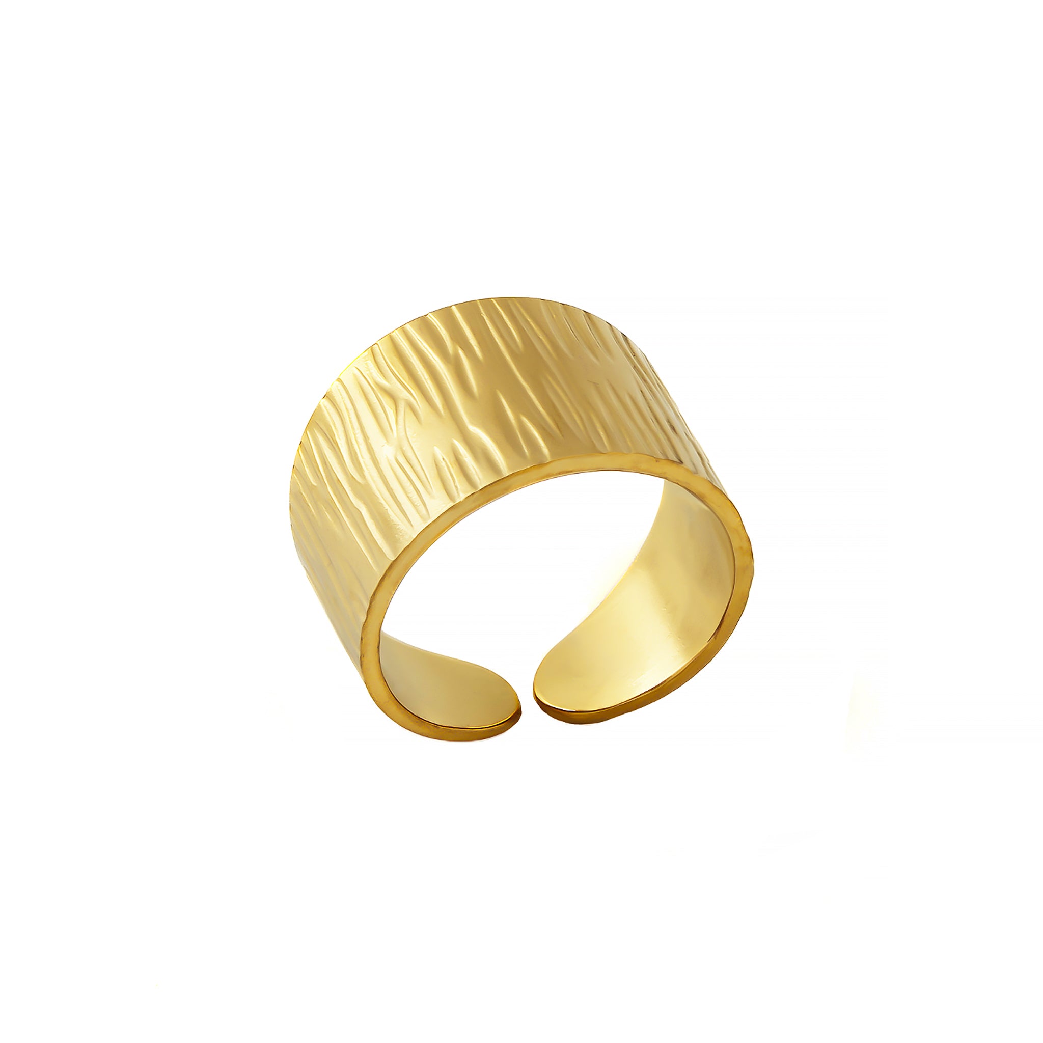 A textured 18k gold-plated wide band ring featuring a distinct brushed design, crafted for bold elegance and luxurious appeal.