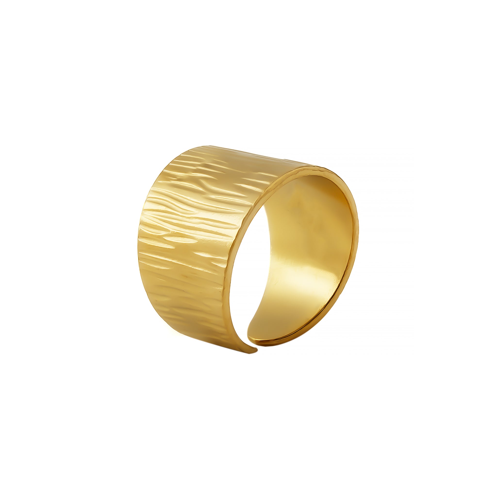 A textured 18k gold-plated wide band ring featuring a distinct brushed design, crafted for bold elegance and luxurious appeal.