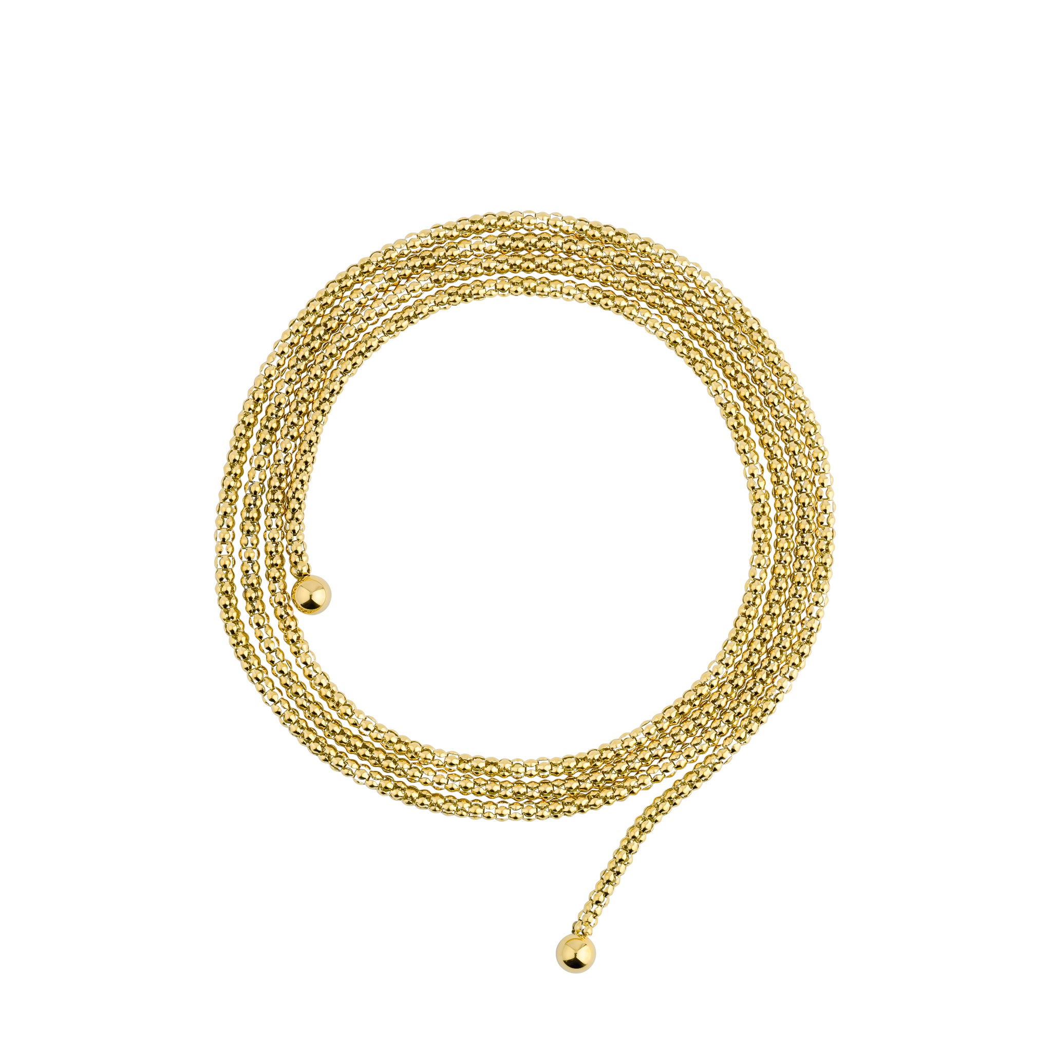 A luxurious, gold-plated, adjustable long chain accessory featuring intricate ball-end detailing, designed for versatile styling.