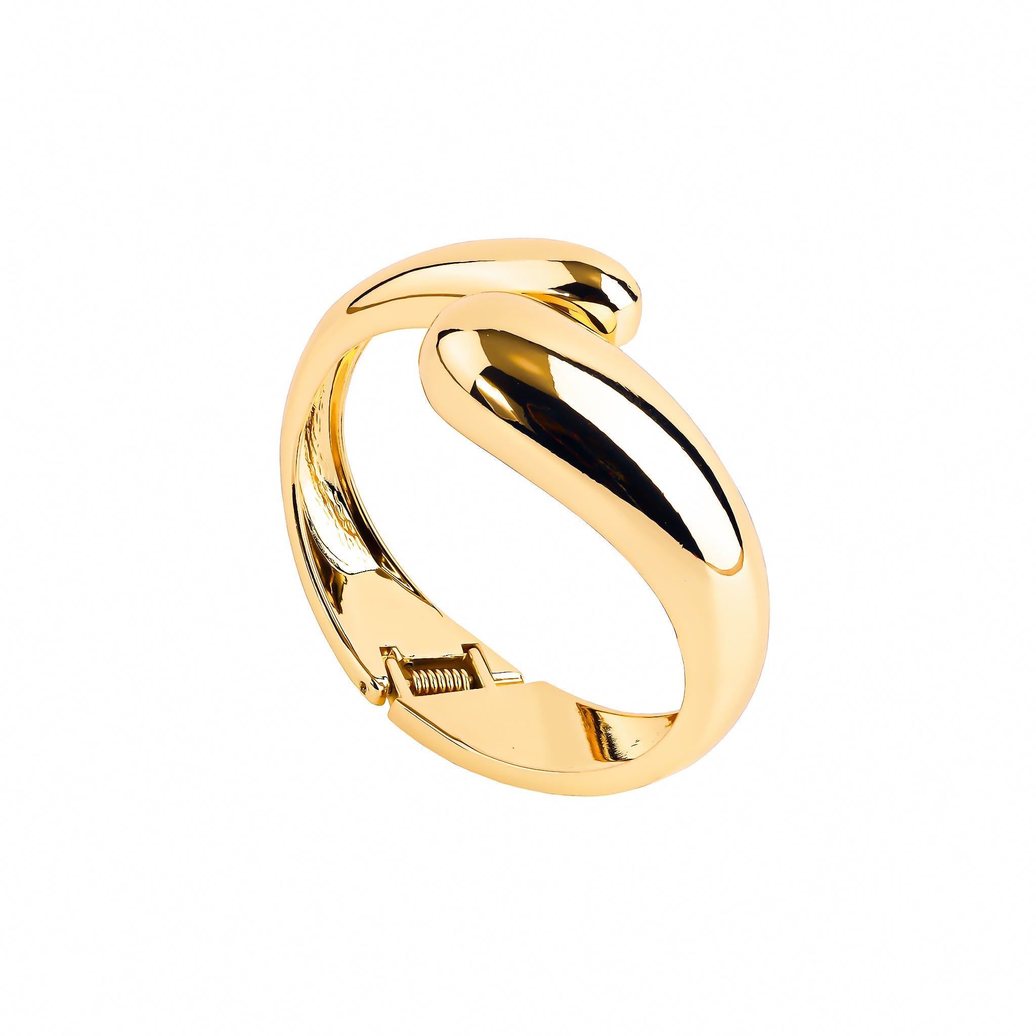 A gold-plated cuff bracelet featuring a sleek, curved design with polished shine. The open-ended structure adds a contemporary and luxurious touch, perfect for statement styling.